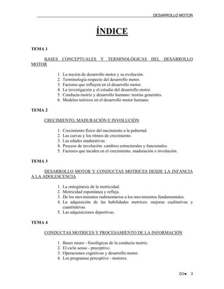 DESARROLLO MOTOR

ÍNDICE
TEMA 1
BASES CONCEPTUALES Y TERMINOLÓGICAS DEL DESARROLLO
MOTOR
1.
2.
3.
4.
5.
6.

La noción de desarrollo motor y su evolución.
Terminología respecto del desarrollo motor.
Factores que influyen en el desarrollo motor.
La investigación y el estudio del desarrollo motor.
Conducta motriz y desarrollo humano: teorías generales.
Modelos teóricos en el desarrollo motor humano.

TEMA 2
CRECIMIENTO, MADURACIÓN E INVOLUCIÓN
1.
2.
3.
4.
5.

Crecimiento físico del nacimiento a la pubertad.
Las curvas y los ritmos de crecimiento.
Las edades madurativas.
Proceso de involución: cambios estructurales y funcionales.
Factores que inciden en el crecimiento, maduración e involución.

TEMA 3
DESARROLLO MOTOR Y CONDUCTAS MOTRICES DESDE LA INFANCIA
A LA ADOLESCENCIA
1.
2.
3.
4.

La ontogénesis de la motricidad.
Motricidad espontánea y refleja.
De los movimientos rudimentarios a los movimientos fundamentales.
La adquisición de las habilidades motrices: mejoras cualitativas y
cuantitativas.
5. Las adquisiciones deportivas.
TEMA 4
CONDUCTAS MOTRICES Y PROCESAMIENTO DE LA INFORMACIÓN
1.
2.
3.
4.

Bases neuro - fisiológicas de la conducta motriz.
El ciclo senso - preceptivo.
Operaciones cognitivas y desarrollo motor.
Los programas perceptivo - motores.

D3♥

3

 
