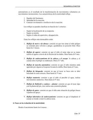 DESARROLLO MOTOR

automatismo es el resultado de la transformación de movimientos voluntarios en
movimientos inconscientes. Las características de la motricidad refleja:
1. Rapidez del fenómeno.
2. Identidad de la reacción.
3. Carácter involuntario e irreflexivo de la reacción.
Los reflejos se pueden clasificar en función de 3 criterios:
-

Según la localización de su respuesta.
Según su misión.
Según el orden de aparición y desaparición.

Entre los reflejos más destacables están:
1. Reflejo de moro o de abrazo: consiste en que tras notar el niño peligro
se extiende para volverse a plegar, quedándose en posición fetal. Dura
hasta los 3 meses.
2. Reflejo de agarre: consiste en que el niño al notar algo en su mano
realiza el agarre a través de la flexión de los dedos. Dura hasta el 6º mes.
3. Reflejo de enderezamiento de la cabeza y el cuerpo: la cabeza y el
cuerpo ante el peligro se endurecen. Dura el 1º año.
4. Reflejo de marcha automática: consiste en que el niño mientras anda
agarrado por alguien al tropezar levanta la rodilla. Dura hasta el 5 mes.
5. Reflejo de búsqueda: consiste en que al tocar su boca esta se abre
buscando la zona correcta. Dura hasta el 3º mes.
6. Reflejo natatorio: consiste a que el niño al percibir el agua, realiza
movimientos natatorios. Dura hasta el 5º mes.
7. Reflejo de Babinski o cutáneo – plantar: consiste en que al tocar algo
con la planta del pie, éste realiza una extensión plantar.
8. Reflejo de gateo: consiste en que el niño ante situación de peligro busca
4 puntos de apoyo.
9. Reflejo laberíntico de enderezamiento: consiste en que al desplazar el
cuerpo se tiende a tener la cabeza recta.
4. Fases en la evolución de la motricidad.
Desde el nacimiento hasta los 6 meses:

D3♥ 37

 