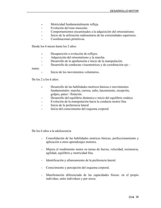 DESARROLLO MOTOR

-

Motricidad fundamentalmente refleja.
Evolución del tono muscular.
Comportamientos encaminados a la adquisición del ortoestatismo.
Inicio de la utilización rudimentaria de las extremidades superiores.
Coordinaciones primitivas.

Desde los 6 meses hasta los 2 años:
-

Desaparición o evolución de reflejos.
Adquisición del ortoestatismo y la marcha.
Desarrollo de la aprehensión e inicio de la manipulación.
Desarrollo de conductas visuomotrices y de coordinación ojo –

-

Inicio de los movimientos voluntarios.

mano.

De los 2 a los 6 años:
-

-

Desarrollo de las habilidades motrices básicas o movimientos
fundamentales: marcha, carrera, salto, lanzamiento, recepción,
golpeo, pateo  flotación.
Desarrollo del equilibrio dinámico e inicio del equilibrio estático
Evolución de la manipulación hacia la conducta motriz fina
Inicio de la preferencia lateral
Inicio del conocimiento del esquema corporal

De los 6 años a la adolescencia
-

Consolidación de las habilidades motrices básicas, perfeccionamiento y
aplicación a otros aprendizajes motores.

-

Mejora el rendimiento motor en tareas de fuerza, velocidad, resistencia,
agilidad, equilibrio y motricidad fina.

-

Identificación y afianzamiento de la preferencia lateral.

-

Conocimiento y percepción del esquema corporal.

-

Manifestación diferenciada de las capacidades físicas: en el propio
individuo, entre individuos y por sexos.

D3♥ 38

 