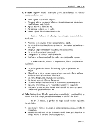 DESARROLLO MOTOR

b) Carrera: se parece mucho a la marcha, ya que, se inicia hacia los 3 años y
sus características son:
•
•
•
•
•

Pasos rígidos y de distinta longitud.
Pierna de retorno con escaso balanceo y rotación exagerad. hacia afuera
en el balanceo hacia delante.
Apoyo de toda la planta del pie.
Permanente contacto con el suelo.
Brazos rígidos con escasa flexión el codo.

Hacia los 5 años, se inicia la etapa elemental, con las características
siguientes:
•
•
•
•
•
•

Aumento en la longitud de paso con carrera más rápida.
La pierna de retorno describe un arco mayor y la rotación hacia afuera es
más leve.
El apoyo del pie se hace con los dedos y más directamente.
La pierna de apoyo se extiende más.
Leve pérdida de contacto con la superficie.
Los brazos se balancean desde los codos en oposición a las piernas.

A partir del 6º año, se inicia la etapa madura, con las características
siguientes:
•
•
•
•
•
•
•

La pierna que retorna es más flexionada y el pie se aproxima a las
nalgas.
El muslo de la pierna en movimiento avanza con rapidez hacia adelante
y hacia arriba describiendo un arco mayor.
La pierna de apoyo se extiende completamente.
La fase sin apoyo se observa claramente.
La pierna de apoyo se flexiona en un movimiento de amortiguación.
Se acorta el tiempo de apoyo y se produce una mayor propulsión.
Los brazos se mueven describiendo un arco desde los hombros y están
flexionados aproximadamente 90'.

c) Salto: la adquisición del salto requiere fuerza, equilibrio y coordinación y se
instala a partir de complejas modificaciones de la marcha y la carrera.
En los 18 meses, se produce la etapa inicial con las siguientes
características:
•
•

Los primeros patrones consisten en un paso exagerado para descender de
poca altura.
Aparece incluso antes de que el niño adquiera fuerza para impulsar su
cuerpo porque se realiza a favor de la gravedad.
D3♥ 41

 