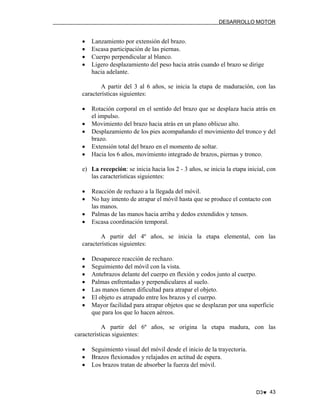 DESARROLLO MOTOR

•
•
•
•

Lanzamiento por extensión del brazo.
Escasa participación de las piernas.
Cuerpo perpendicular al blanco.
Ligero desplazamiento del peso hacia atrás cuando el brazo se dirige
hacia adelante.

A partir del 3 al 6 años, se inicia la etapa de maduración, con las
características siguientes:
•
•
•
•
•

Rotación corporal en el sentido del brazo que se desplaza hacia atrás en
el impulso.
Movimiento del brazo hacia atrás en un plano oblicuo alto.
Desplazamiento de los pies acompañando el movimiento del tronco y del
brazo.
Extensión total del brazo en el momento de soltar.
Hacia los 6 años, movimiento integrado de brazos, piernas y tronco.

e) La recepción: se inicia hacia los 2 - 3 años, se inicia la etapa inicial, con
las características siguientes:
•
•
•
•

Reacción de rechazo a la llegada del móvil.
No hay intento de atrapar el móvil hasta que se produce el contacto con
las manos.
Palmas de las manos hacia arriba y dedos extendidos y tensos.
Escasa coordinación temporal.

A partir del 4º años, se inicia la etapa elemental, con las
características siguientes:
•
•
•
•
•
•
•

Desaparece reacción de rechazo.
Seguimiento del móvil con la vista.
Antebrazos delante del cuerpo en flexión y codos junto al cuerpo.
Palmas enfrentadas y perpendiculares al suelo.
Las manos tienen dificultad para atrapar el objeto.
El objeto es atrapado entre los brazos y el cuerpo.
Mayor facilidad para atrapar objetos que se desplazan por una superficie
que para los que lo hacen aéreos.

A partir del 6º años, se origina la etapa madura, con las
características siguientes:
•
•
•

Seguimiento visual del móvil desde el inicio de la trayectoria.
Brazos flexionados y relajados en actitud de espera.
Los brazos tratan de absorber la fuerza del móvil.

D3♥ 43

 