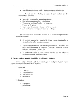 DESARROLLO MOTOR

•

Paso del movimiento con ayuda a la autonomía de desplazamiento.

A partir del 6º - 7º años, se origina la etapa madura, con las
características siguientes:
•
•
•
•
•
•

Progresiva incorporación de patrones técnicos.
Movimientos más simétricos y coordinados.
Dominio del medio en flotación y en inmersión.
Buen nivel de apnea.
Inicio de movimientos coordinados con la respiración.
Alto nivel de resistencia para permanecer en el agua.

La evolución de las habilidades motrices en la adolescencia presenta las
siguientes categorías:
1. El proceso cuantitativo y cualitativo tiende a una especificación y
especialización de las conductas motrices.
2. Las cualidades motrices se ven influidas por un mayor Autocontrol, una
mayor intelectualización de las tareas a realizar y un mayor nivel de
atención, imaginación y percepción.
3. El rendimiento motor en estas edades presenta un alto índice de
variabilidad de unos individuos a otros.
6. Factores que influyen en la adquisición de habilidades motrices.
Existen dos tipos diferentes de factores que influyen en la adquisición, en la mejora
y en el rendimiento de las habilidades motrices:
a) Endógenos:
-

Actitudes.
Nivel intelectual.
Nivel intelectual.
Somatotipo.

b) Exógenos:
-

Experiencia.
Familia, etc.

D3♥ 46

 