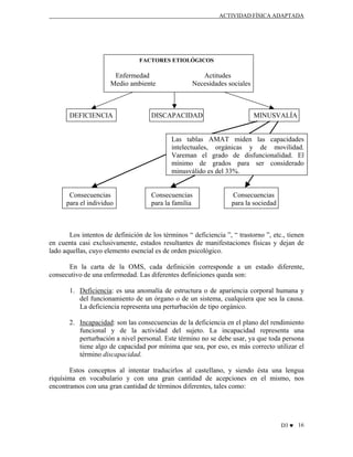 ACTIVIDAD FÍSICA ADAPTADA

FACTORES ETIOLÓGICOS

Enfermedad
Medio ambiente

DEFICIENCIA

Actitudes
Necesidades sociales

DISCAPACIDAD

MINUSVALÍA

Las tablas AMAT miden las capacidades
intelectuales, orgánicas y de movilidad.
Vareman el grado de disfuncionalidad. El
mínimo de grados para ser considerado
minusválido es del 33%.

Consecuencias
para el individuo

Consecuencias
para la familia

Consecuencias
para la sociedad

Los intentos de definición de los términos “ deficiencia ”, “ trastorno ”, etc., tienen
en cuenta casi exclusivamente, estados resultantes de manifestaciones físicas y dejan de
lado aquellas, cuyo elemento esencial es de orden psicológico.
En la carta de la OMS, cada definición corresponde a un estado diferente,
consecutivo de una enfermedad. Las diferentes definiciones queda son:
1. Deficiencia: es una anomalía de estructura o de apariencia corporal humana y
del funcionamiento de un órgano o de un sistema, cualquiera que sea la causa.
La deficiencia representa una perturbación de tipo orgánico.
2. Incapacidad: son las consecuencias de la deficiencia en el plano del rendimiento
funcional y de la actividad del sujeto. La incapacidad representa una
perturbación a nivel personal. Este término no se debe usar, ya que toda persona
tiene algo de capacidad por mínima que sea, por eso, es más correcto utilizar el
término discapacidad.
Estos conceptos al intentar traducirlos al castellano, y siendo ésta una lengua
riquísima en vocabulario y con una gran cantidad de acepciones en el mismo, nos
encontramos con una gran cantidad de términos diferentes, tales como:

D3 ♥ 16

 
