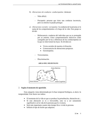 ACTIVIDAD FÍSICA ADAPTADA

b) Alteraciones de conducta: conductopatías: destacan:
-

Niño difícil.

-

Psicopatía: persona que tiene una conducta incorrecta,
pero su entorno lo puede proteger.

c) Alteraciones sociales: sociopatías: la conducta de la persona es la
suma de los comportamientos a lo largo de la vida. Este grupo se
divide:
-

Delincuencia: conducta del individuo que no es protegida
por su entorno. Estos comportamientos delictivos están
castigados por la ley a diferencia de las conductopatías en
la que no intervienen las leyes. Se dividen en:
•
•
•

Vicios sociales de nuestra civilización.
Consecuencias de alteraciones psíquicas.
Gerontopatías.

-

Toxicomanias.

-

Discriminación.
AREAS DEL SER HUMANO

2. Según el momento de aparición.
Esta categoría viene determinada por la base temporal biológica, es decir, la
temporalidad. Este factor nos indica:
•
•
•
•

El momento de la vida en que se produce la perturbación, alteración etc...
Si esta alteración es re o irreversible, esto va a ser sumamente
significativo en la vida de la persona que lo vivencia.
Será más importante cuanto más tiempo lleve vivido la persona.
Influirá el tipo de lesión que adquiera.
D3 ♥

6

 