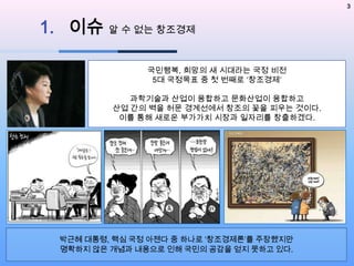 3

1. 이슈 알 수 없는 창조경제
국민행복, 희망의 새 시대라는 국정 비전
5대 국정목표 중 첫 번째로 ‘창조경제’
과학기술과 산업이 융합하고 문화산업이 융합하고
산업 간의 벽을 허문 경계선에서 창조의 꽃을 피우는 것이다.
이를 통해 새로운 부가가치 시장과 일자리를 창출하겠다.

박근혜 대통령, 핵심 국정 아젠다 중 하나로 ‘창조경제론’를 주장했지만
명확하지 않은 개념과 내용으로 인해 국민의 공감을 얻지 못하고 있다.

 
