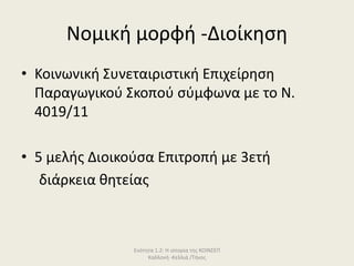 Νομικι μορφι -Διοίκθςθ
• Κοινωνικι Συνεταιριςτικι Επιχείρθςθ
Παραγωγικοφ Σκοποφ ςφμφωνα με το Ν.
4019/11

• 5 μελισ Διοικοφςα Επιτροπι με 3ετι
διάρκεια κθτείασ

Ενότθτα 1.2: Η ιςτορία τθσ ΚΟΙΝΣΕΠ
Καλλονι -Κελλιά /Τινοσ

 