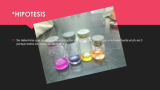 *HIPOTESIS

 Se determina que cuando la neutralización se hace entre un acido y una base fuerte el ph es 0
porque todos los iones se neutraliza

 
