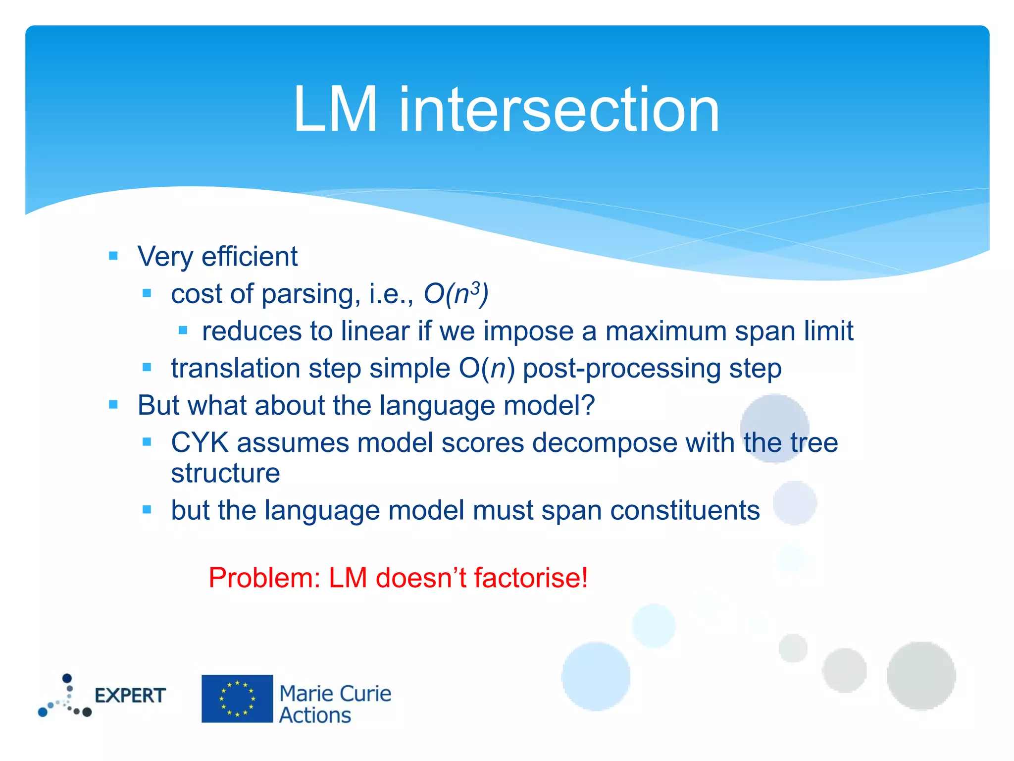 LM intersection
 Very efficient
 cost of parsing, i.e., O(n3)
 reduces to linear if we impose a maximum span limit
 translation step simple O(n) post-processing step
 But what about the language model?
 CYK assumes model scores decompose with the tree
structure
 but the language model must span constituents
Problem: LM doesn’t factorise!

 