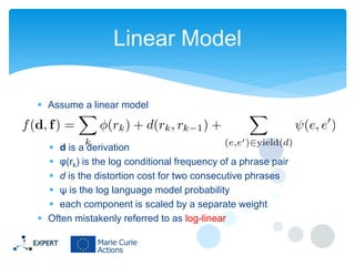 Linear Model
 Assume a linear model

 d is a derivation
 φ(rk) is the log conditional frequency of a phrase pair
 d is the distortion cost for two consecutive phrases
 ψ is the log language model probability
 each component is scaled by a separate weight
 Often mistakenly referred to as log-linear

 