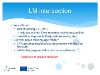 LM intersection
 Very efficient
 cost of parsing, i.e., O(n3)
 reduces to linear if we impose a maximum span limit
 translation step simple O(n) post-processing step
 But what about the language model?
 CYK assumes model scores decompose with the tree
structure
 but the language model must span constituents
Problem: LM doesn’t factorise!

 