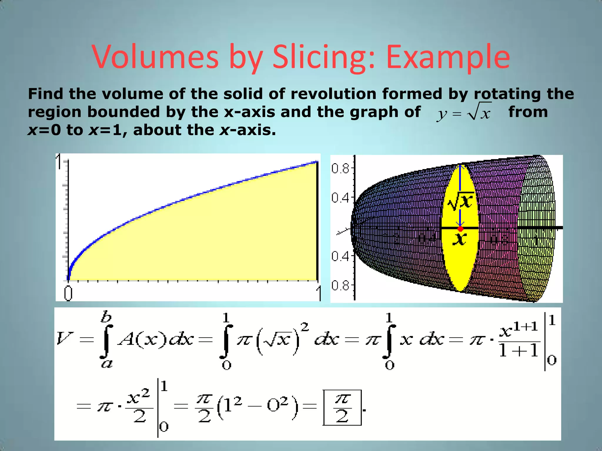 Volumes by Slicing: Example
Find the volume of the solid of revolution formed by rotating the
region bounded by the x-axis and the graph of y = x from
x=0 to x=1, about the x-axis.

 