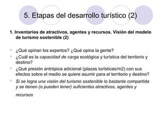 5. Etapas del desarrollo turístico (2)
1. Inventarios de atractivos, agentes y recursos. Visión del modelo
de turismo sostenible (2)






¿Qué opinan los expertos? ¿Qué opina la gente?
¿Cuál es la capacidad de carga ecológica y turística del territorio y
destino?
¿Qué presión antrópica adicional (plazas turísticas/m2) con sus
efectos sobre el medio se quiere asumir para el territorio y destino?
Si se logra una visión del turismo sostenible lo bastante compartida
y se tienen (o pueden tener) suficientes atractivos, agentes y
recursos

 