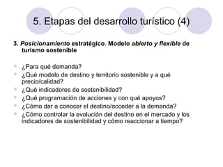 5. Etapas del desarrollo turístico (4)
3. Posicionamiento estratégico. Modelo abierto y flexible de
turismo sostenible







¿Para qué demanda?
¿Qué modelo de destino y territorio sostenible y a qué
precio/calidad?
¿Qué indicadores de sostenibilidad?
¿Qué programación de acciones y con qué apoyos?
¿Cómo dar a conocer el destino/acceder a la demanda?
¿Cómo controlar la evolución del destino en el mercado y los
indicadores de sostenibilidad y cómo reaccionar a tiempo?

 
