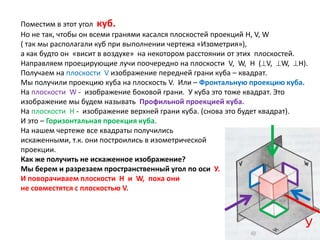 Поместим в этот угол куб.
Но не так, чтобы он всеми гранями касался плоскостей проекций H, V, W
( так мы располагали куб при выполнении чертежа «Изометрия»),
а как будто он «висит в воздухе» на некотором расстоянии от этих плоскостей.
Направляем проецирующие лучи поочередно на плоскости V, W, H (V, W, H).
Получаем на плоскости V изображение передней грани куба – квадрат.
Мы получили проекцию куба на плоскость V. Или – Фронтальную проекцию куба.
На плоскости W - изображение боковой грани. У куба это тоже квадрат. Это
изображение мы будем называть Профильной проекцией куба.
На плоскости Н - изображение верхней грани куба. (снова это будет квадрат).
И это – Горизонтальная проекция куба.
На нашем чертеже все квадраты получились
искаженными, т.к. они построились в изометрической
проекции.
Как же получить не искаженное изображение?
Мы берем и разрезаем пространственный угол по оси У.
И поворачиваем плоскости Н и W, пока они
не совместятся с плоскостью V.

У

 