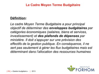 Le Cadre Moyen Terme Budgétaire

Définition:
Le cadre Moyen Terme Budgétaire a pour principal
objectif de déterminer des enveloppes budgétaires par
catégories économiques (salaires, biens et services,
investissement) et des plafonds de dépenses par
ministère. Il doit s’appuyer sur une prévision des
effectifs de la gestion publique. En conséquence, il ne
sert pas seulement à gérer les flux budgétaires mais est
déterminant dans l’allocation des ressources humaines

| 15 | « Gestion budgétaire »

| 2013

 