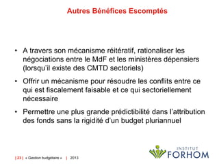 Autres Bénéfices Escomptés

• A travers son mécanisme réitératif, rationaliser les
négociations entre le MdF et les ministères dépensiers
(lorsqu’il existe des CMTD sectoriels)
• Offrir un mécanisme pour résoudre les conflits entre ce
qui est fiscalement faisable et ce qui sectoriellement
nécessaire

• Permettre une plus grande prédictibilité dans l’attribution
des fonds sans la rigidité d’un budget pluriannuel

| 23 | « Gestion budgétaire »

| 2013

 