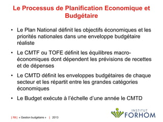 Le Processus de Planification Economique et
Budgétaire
• Le Plan National définit les objectifs économiques et les
priorités nationales dans une enveloppe budgétaire
réaliste
• Le CMTF ou TOFE définit les équilibres macroéconomiques dont dépendent les prévisions de recettes
et de dépenses

• Le CMTD définit les enveloppes budgétaires de chaque
secteur et les répartit entre les grandes catégories
économiques
• Le Budget exécute à l’échelle d’une année le CMTD

| 10 | « Gestion budgétaire »

| 2013

 