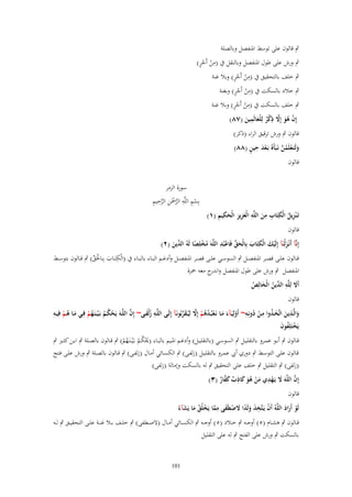 ‫ٍب قالوف على توسط ادلنفصل وبالصلة‬

‫ِ ْ ٍْ‬
‫ٍب ورش على طوؿ ادلنفصل وبالنقل ُب (من أَجر)‬
‫ِ ْ ٍْ‬
‫ٍب خلف بالتحقيق ُب (من أَجر) وبال غنة‬
‫ِ ْ ٍْ‬
‫ٍب خالد بالسكت ُب (من أَجر) وبغنة‬
‫ِ ْ ٍْ‬
‫ٍب خلف بالسكت ُب (من أَجر) وبال غنة‬
‫ِ‬
‫ِ‬
‫إِف ىو إَِل ذكر لِلْعالَمين (ٚٛ)‬
‫ْ ُ َ َّ ْ ٌ َ َ‬

‫قالوف ٍب ورش ترقيق الراء (ذكر)‬
‫َْ ِ ٍ‬
‫ولَتَػعلَمن نَػبَأَهُ بَػعد حين (ٛٛ)‬
‫َ ْ ُ َّ‬
‫قالوف‬

‫ِ ُ ِ ِ ِ َ ِ َِ ِ َ ِ ِ‬
‫تَػ ْنزيل الْكتَاب من اللَّو الْعزيز الْحكيم (ٔ)‬

‫سورة الزمر‬
‫ْ ِ ِ َّ ْ ِ َّ ِ ِ‬
‫بِسم اللَّو الرْحَن الرحيم‬

‫قالوف‬

‫ّْ ْ ِ‬
‫َ ِ‬
‫إِنَّآ أَنْػزلْنَآ إِلَيك الْكتَاب بِالْحق فَاعبُد اللَّوَ مخلِصا لَوُ ّْين (ٕ)‬
‫َ ْ‬
‫َ َ‬
‫ُ ْ ً الد َ‬

‫قػػالوف علػػى قصػػر ادلنفصػػل ٍب السوسػػي علػػى قصػػر ادلنفصػػل وأدغػػم البػػاء بالبػػاء ُب (الْكتَػػاب بِػػاحلَق) ٍب قػػالوف بتوسػػط‬
‫ِ َ ْ ّْ‬
‫ادلنفصل ٍب ورش على طوؿ ادلنفصل و ج معو ْحزة‬
‫اندر‬
‫ِ‬
‫أََل لِلَّو ّْين الْخالِص‬
‫َ الد ُ َ ُ‬
‫قالوف‬
‫ِ‬
‫َّ‬
‫والَّػذين اتَّخػذوا مػػن دونِػو~ أَولِيَػآء مػػا نَػعبُػدىم إَِل لِيُػقربُونَػآ إِلَػػى اللَّػو زلْفػى~ إِف اللَّػػوَ يَحكػم بَػ ْي ػنَػهم فِػػي مػا ىػم فِيػػو‬
‫ِ َُ‬
‫َ ِ َ َ ُ ِ ْ ُ ِ ْ َ َ ْ ُ ُ ْ َّ َ ّْ‬
‫ُُْ ُْ َ ُْ‬
‫يَختَلِفوف‬
‫ْ ُ َ‬
‫قػػالوف ٍب أبػػو عمػػرو بالتقليػػل ٍب السوسػػي (بالتقليػػل) وأدغػػم ادلػػيم بالبػػاء (ػلكػػم بػَْي ػنَػهم) ٍب قػػالوف بالصػػلة ٍب ابػػن كثػػَت ٍب‬
‫َْ ُ ُ ُ ْ‬
‫قػػالوف علػػى التوسػػط ٍب دوري أيب عمػػرو بالتقليػػل (زلفػػى) ٍب الكسػػائي أمػػاؿ (زلفػػى) ٍب قػػالوف بالصػػلة ٍب ورش علػػى فػػتح‬
‫(زلفى) ٍب التقليل ٍب خلف على التحقيق ٍب لو بالسكت وإمالة (زلفى)‬
‫ِ‬
‫ِ‬
‫إِف اللَّوَ َل يَػهدي من ىو كاذب كفار (ٖ)‬
‫َّ َ ْ َ ْ ُ َ َ ٌ َ َّ ٌ‬
‫قالوف‬
‫ْ َ َ َّ ْ ِ َ َ ً َ ْ َ ِ َّ ْ ُ َ َ‬
‫لَو أَراد اللوُ أَف يَػتَّخذ ولَدا َلصطَفى مما يَخلُق ما يَشآءُ‬
‫قػػالوف ٍب ىشػػاـ (٘) أوجػػو ٍب خػػالد (٘) أوجػػو ٍب الكسػػائي أمػػاؿ (الصػػطفى) ٍب خلػػف بػػال غنػػة علػػى التحقيػػق ٍب لػػو‬
‫بالسكت ٍب ورش على الفتح ٍب لو على التقليل‬

‫101‬

 