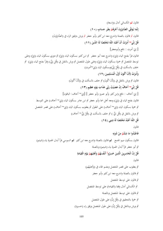 ‫قالوف ثم الكسائي أماؿ (واسعة)‬

‫َّ َ ْ ُ ْ ِ ِ ٍ‬
‫إِنَّما يُػوفَّى الصابِروف أَجرىم بِغَْير حساب (ٓٔ)‬
‫َ َ‬
‫َ‬
‫ُ‬
‫َ‬

‫قالوف ٍب قالوف بالصلة و ج معو ابن كثَت وأبو جعفر ٍب ورش بًتقيق الراء ُب (الصابِروف)‬
‫اندر‬
‫َّ ُ َ‬
‫قُل إِنّْي~ أُمرت أَف أَعبُد اللَّوَ مخلِصا لَوُ ّْين (ٔٔ)‬
‫ِْ ُ ْ ْ َ‬
‫ُ ْ ً الد َ‬
‫ْ‬
‫[ إِنَ أمرت : نافع وأبوجعفر]‬

‫قػالوف قػرأ بفػتح اليػاء (إِنَ) وان ج معػو أبػو جعفػر ٍب ابػن كثػَت بسػكوف اليػاء (إِن) ٍب دوري بسػكوف اليػاء (إِن) وعلػػى‬
‫ػدر‬
‫ْ‬
‫ْ‬
‫توسط ادلنفصل ٍب ْحػزة بسػكوف اليػاء (إِن) وعلػى طػوؿ ادلنفصػل ٍب ورش بالنقػل ُب (قُػل إِِن) وقػرأ بفػتح اليػاء (إِنَ) ٍب‬
‫ِ ّْ‬
‫ْ‬
‫خلف بالسكت ُب (قُل إِِن)وبسكوف الياء (إِن~أمرت)‬
‫ْ ّْ‬
‫ِ ِ‬
‫ِ‬
‫وأُمرت ْلَف أَكوف أَوؿ الْمسلِمين (ٕٔ)‬
‫َ ْ ُ ْ ُ َ َّ َ ُ ْ َ‬
‫قالوف ٍب ورش بالنقل ُب (ألَف اَكوف) ٍب خلف بالسكت ُب (ألَف أَكوف)‬
‫ِ ْ ُ َ‬
‫ِ َ ُ َ‬
‫َ ُ ْ َ َ ُ َ ََ َ ْ َ ِ ٍ‬
‫قُل إِنّْي~ أَخاؼ إِف عص ْيت ربّْي عذاب يَػوٍـ عظيم (ٖٔ)‬
‫ْ‬
‫[ إِنَ أخاؼ : نافع وابن كثَت وأبو عمرو وأبو جعفر ] [إِن~ أخاؼ: الباقوف]‬
‫قالوف بفتح الياء ُب (إِنَ) ومعو أىل مسا وأبو جعفر ٍب ابن عامر بسكوف الياء (إِن~ أخاؼ) على التوسط‬

‫ٍب ْحزة بسكوف الياء (إِن~ أخاؼ) على الطوؿ ٍب يعقوب بسكوف الياء (إِن~ أخاؼ) على قصر ادلنفصل‬
‫ٍب ورش بالنقل ُب (قُل اِِنَ ) ٍب خلف بالسكت ُب (قُل إِِن~ أخاؼ)‬
‫ْ ّْ‬
‫ِ ّْ‬
‫ِ‬
‫ِ‬
‫قُل اللَّوَ أَعبُد مخلِصا لَوُ دينِي (ٗٔ)‬
‫ُُْْ ً‬

‫قالوف‬

‫ِ ِ ُ ِ‬
‫فَاعبُدوا ما ش ْئتُم من دونِو‬
‫ْ ْ‬
‫ُْ َ‬

‫قالوف بسكوف ميم اجلمع ثم قالوف بالصلة و ج معو ابن كثَت ثم السوسي قرأ أبدؿ اذلمزة ياء (شيتم)‬
‫اندر‬

‫ٍب أبو جعفر قرأ أبدؿ اذلمزة ياء (شيتم) وبالصلة‬
‫ِ‬
‫ِ ِ‬
‫ِ‬
‫ِ‬
‫قُل إِف الْخاسرين الَّذين خسروآ أَنْػفسهم وأَىلِيهم يَػوـ الْقيَامة‬
‫ْ َّ َ ِ َ َ َ ُ ُ َ ُ ْ َ ْ ِ ْ ْ َ َ‬
‫قالوف‬
‫ٍب يعقوب على قصر ادلنفصل وبضم اذلاء ُب (وأىليهم)‬
‫ُ‬
‫ٍب قالوف بالصلة و ج معو ابن كثَت وأبو جعفر‬
‫اندر‬
‫ٍب قالوف على توسط ادلنفصل‬
‫ٍب الكسائي أماؿ وقفا (القيامة) على توسط ادلنفصل‬
‫ٍب قالوف على توسط ادلنفصل وبالصلة‬
‫ْ َّ‬
‫ٍب ْحزة بالتحقيق ُب (قُل إِف) على طوؿ ادلنفصل‬

‫ْ َّ‬
‫ٍب ورش وبالنقل ُب (قُل إِف) على طوؿ ادلنفصل ورقق راء (خسروا)‬
‫501‬

 