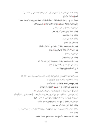 ‫ٍب قالوف بالصلة على القصر و ج معو ابن كثَت وأبو جعفر ثم قالوف بالصلة على توسط ادلنفصل‬
‫اندر‬
‫فَأَصابَػهم سيّْئَات ما كسبُوا‬
‫َ ُْ َ ُ َ َ َ‬
‫قالوف ٍب ورش مع (ٕ) البدؿ التوسط والطوؿ ُب (سيّْئَات) ٍب قالوف بالصلة و ج معو ابن كثَت وأبو جعفر‬
‫اندر‬
‫َ ُ‬
‫ِ‬
‫ِ‬
‫ِ‬
‫ِ ِ‬
‫والَّذين ظَلَموا من ىؤْلء سيُصيبُػهم سيّْئَات ما كسبُوا وما ىم بِمعجزين (ٔ٘)‬
‫َ َ ُ ْ َ َُ َ ُ ْ َ ُ َ َ َ َ َ ُ ْ ُ ْ ِ َ‬
‫قالوف على قصر ادلنفصل وبسكوف ميم اجلمع‬
‫ٍب قالوف بالصلة و ج معو ابن كثَت وأبو جعفر‬
‫اندر‬
‫ٍب قالوف على توسط ادلنفصل‬
‫ٍب قالوف بالصلة على التوسط‬
‫ٍب ْحزة على طوؿ ادلنفصل‬
‫ٍب ورش على طوؿ ادلنفصل وغلظ الـ (ظلموا) مع (ٖ) البدؿ (سيّْئَات)‬
‫َ ُ‬
‫ِ‬
‫َ ْ ْ ُ َّ‬
‫أَولَم يَػعلَموآ أَف اللَّوَ يَػ ْبسط الرزؽ لِمن يَشآءُ ويَػقدر‬
‫ُ ُ ّْ ْ َ َ ْ َ َ ْ ُ‬
‫قالوف على قصر ادلنفصل‬
‫ٍب قالوف على توسط ادلنفصل‬
‫ٍب ورش على طوؿ ادلنفصل ورقق راء (يقدر) وصال و ج معو خالد وقفا‬
‫اندر‬
‫ٍب خلف على طوؿ ادلنفصل وبال غنة ُب (لِمن يَش)ءُ)‬
‫َْ َ‬
‫إِف فِي ذلِك ْلَيَات لِقوٍـ يُػؤمنُوف (ٕ٘)‬
‫َّ َ َ َ ٍ َ ْ ْ ِ َ‬

‫قالوف‬

‫ٍب ورش أبدؿ اذلمزة واوا (يومنوف) على قصر البدؿ (آليات) و ج معو السوسي وأبو جعفر وخالد وقفا‬
‫اندر‬
‫ٍب خلف بال غنة ووقف بإبداؿ اذلمزة واوا (لِقوٍـ يُومنُوف)‬
‫َْ ِ َ‬
‫ٍب ورش مع وجهي التوسط ٍب الطوؿ (ٕ) البدؿ (آليات)‬
‫ُِِ َ ْ ِ‬
‫ِ‬
‫ِ ِ‬
‫قُل يَا عبَادي الَّذين أَسرفُوا علَى~ أَنْػفسهم َل تَػقنَطُوا من رحمة اللَّو‬
‫ِ َ ِ َ َْ َ‬
‫ْ‬
‫ْ َْ َ‬
‫ْ‬
‫الشاطبية ُب احلجر : ويقنط معو يقنطوف وتقنطوا وىن بكسر النوف رافقن ْحال‬

‫[ يا عبادي الَين .. ال تَػقنَطُوا : نافع وابن كثَت وابن عامر وعاصم وأبو جعفر ] [يا عبادي الَين ..ال تَػقنِطُوا : أبػو‬
‫ْ‬
‫ْ‬
‫ْ‬
‫َ‬
‫عمرو والكسائي ويعقوب وخلف العاشر ] [يا عبادي الَين.. ال تَػقنَطُوا : ْحزة]‬
‫ْ‬
‫ْ‬
‫قالوف على قصر ادلنفصل قرأ بفتح الياء (عبادي) وبفتح نوف (وال تقنَطوا)‬
‫َ‬
‫ٍب قالوف بالصلة و ج معو ابن كثَت وأبو جعفر‬
‫اندر‬

‫ٍب قالوف على توسط ادلنفصل وقرأ بفتح الياء (عبادي) وبفتح نوف (وال تقنَطوا) و ج معو ابن عامر وعاصم‬
‫اندر‬
‫َ‬
‫ٍب قالوف بالصلة‬

‫ٍب ورش على طوؿ ادلنفصل وقرأ بفتح الياء (عبادي) وبفتح نوف (وال تقنَطوا)‬
‫َ‬
‫611‬

 