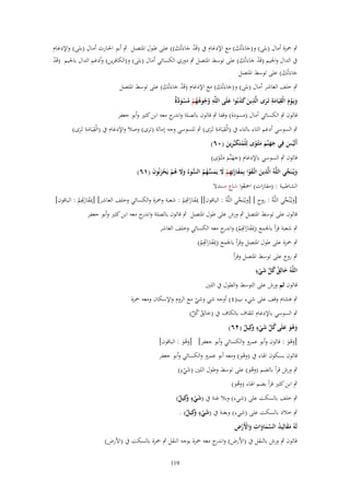 ‫ٍب ْحزة أماؿ (بلى) و(جاءَتْك) مع اإلدغاـ ُب (قَد جاءَتْك)) علػى طػوؿ ادلتصػل ٍب أبػو احلػارث أمػاؿ (بلػى) واإلدغػاـ‬
‫ْ َ َ‬
‫َ َ‬
‫ُب الداؿ واجليم (قَد جاءَتْك) على توسط ادلتصل ٍب دوري الكسائي أماؿ (بلى) و(الكافرين) وأدغم الداؿ باجليم (قَد‬
‫ْ‬
‫ْ َ َ‬
‫جاءَتْك) على توسط ادلتصل‬
‫َ َ‬
‫ٍب خلف العاشر أماؿ (بلى) و(جاءَتْك) مع اإلدغاـ (قَد جاءَتْك) على توسط ادلتصل‬
‫ْ َ َ‬
‫َ َ‬
‫ِ ُ ُ ُ ُ ْ ُ ْ َ َّة‬
‫ويَػوـ الْقيَامة تَػرى الَّذين كذبُوا علَى اللَّو وجوىهم مسود ٌ‬
‫َ ْ َ ِ َِ َ ِ َ َ َ َ‬
‫قالوف ٍب الكسائي أماؿ (مسودة) وقفا ٍب قالوف بالصلة و ج معو ابن كثَت وأبو جعفر‬
‫اندر‬
‫ِ ِ‬
‫ِ ِ‬
‫ٍب السوسي أدغم التاء بالتاء ُب (الْقيَامة تَػرى) ٍب للسوسي وجو إمالة (ترى) وصال واإلدغاـ ُب (الْقيَامة تَػرى)‬
‫َ َ‬
‫َ َ‬
‫أَلَيس فِي جهنَّم مثْػوى لِلْمتَكبّْرين (ٓٙ)‬
‫ََ َ َ ً ُ َ ِ َ‬
‫ْ َ‬

‫قالوف ٍب السوسي باإلدغاـ (جهنَّم مثْػوى)‬
‫ََ َ َ ً‬
‫ويُػنَجي اللَّوُ الَّذين اتَّػقوا بِمفازتِهم َل يَمسهم السوءُ وَل ىم يَحزنُوف (ٔٙ)‬
‫َ ّْ‬
‫ِ َ َ ْ َ َ َ ِ ْ َ َ ُّ ُ ُ ُّ َ َ ُ ْ ْ َ َ‬
‫الشاطبية : (مفازات) امجعوا شاع صندال‬
‫ُ‬
‫[ويػنجي اللَّو : روح ] [ويػنجي اللَّو : الباقوف][ ِمبفاز ِِم : شعبة وْحزة والكسائي وخلف العاشر] [مبفازِ‬
‫ِ ََ َهتِم : الباقوف]‬
‫َ َُ ّْ ُ‬
‫َ ُْ ّْ ُ‬
‫ْ‬
‫ََ َاهت ْ‬
‫قالوف على توسط ادلتصل ٍب ورش على طوؿ ادلتصل ٍب قالوف بالصلة و ج معو ابن كثَت وأبو جعفر‬
‫اندر‬
‫ٍب شعبة قرأ باجلمع (مبَفاز ِِم) و ج معو الكسائي وخلف العاشر‬
‫ِ َ َاهت ْ اندر‬
‫ِ‬
‫ٍب ْحزة على طوؿ ادلتصل وقرأ باجلمع (مبَفازاَِِم)‬
‫َ هت ْ‬
‫ٍب روح على توسط ادلتصل وقرأ‬
‫ُ ّْ َ ٍ‬
‫اللَّوُ خالِق كل شيء‬
‫َ ُ‬
‫ْ‬
‫قالوف ثم ورش على التوسط والطوؿ ُب اللُت‬

‫ٍب ىشاـ وقف على شيء ب(ٗ) أوجو شي وشي مع الروـ واإلسكاف ومعو ْحزة‬
‫ّ‬
‫ٍب السوسي باإلدغاـ للقاؼ بالكاؼ ُب (خالِق كل)‬
‫َ ُ ُ ّْ‬
‫ٍ‬
‫وىو علَى كل شيء َكِيل (ٕٙ)‬
‫َ ُ َ َ ُ ّْ َ ْ و ٌ‬
‫[وىو : قالوف وأبو عمرو والكسائي وأبو جعفر] [وىو : الباقوف]‬
‫ََُ‬
‫ََْ‬

‫قالوف بسكوف اذلاء ُب (وىو) ومعو أبو عمرو والكسائي وأبو جعفر‬
‫ْ‬
‫ٍ‬
‫ٍب ورش قرأ بالضم (وىو) على توسط وطوؿ اللُت (شيء)‬
‫ُ‬
‫َْ‬
‫ٍب ابن كثَت قرأ بضم اذلاء (وىو)‬
‫ُ‬
‫ٍ‬
‫ٍب خلف بالسكت على (شيء) وبال غنة ُب (شيء َكِيل)‬
‫َْ و ٌ‬
‫ٍ‬
‫ٍب خالد بالسكت على (شيء) وبغنة ُب (شيء َكِيل) .‬
‫َْ و ٌ‬
‫َ َ ُ َّ َ َ ِ َ ْ ْ ِ‬
‫لَوُ مقالِيد السماوات واْلَرض‬
‫قالوف ٍب ورش بالنقل ُب (األرض) و ج معو ْحزة بوجو النقل ٍب ْحزة بالسكت ُب (األرض)‬
‫اندر‬
‫911‬

 