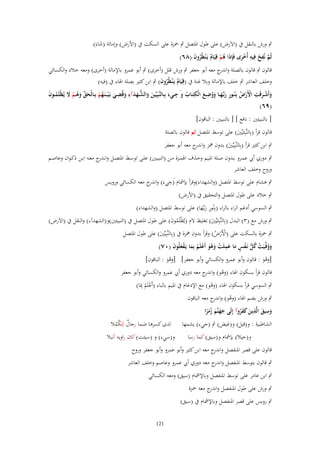 ‫ٍب ورش بالنقل ُب (االَرض) على طوؿ ادلتصل ٍب ْحزة على السكت ُب (األرض) وإمالة (شاءَ)‬
‫َ‬
‫َّ ِ َ ِ‬
‫ثُم نُفخ فِيو أُخرى فَِإذَا ىم قِيَاـ يَػ ْنظُروف (ٛٙ)‬
‫ُْ ٌ ُ َ‬
‫َْ‬

‫قالوف ٍب قالوف بالصلة و ج معو أبو جعفر ٍب ورش قلل (أخرى) ٍب أبو عمرو باإلمالة (أخرى) ومعو خالد والكسائي‬
‫اندر‬
‫وخلف العاشر ٍب خلف باإلمالة وبال غنة ُب (قِيَاـ يَػ ْنظُروف) ٍب ابن كثَت بصلة اذلاء ُب (فيو)‬
‫ٌ ُ َ‬
‫ِ‬
‫ِ‬
‫ِ‬
‫ِ‬
‫وأَشػػرقَت اْلَرض بِنُػػور ربّْػهػػا ووضػػع الْكتَػػاب وَ جػػيء بِػػالنَّبِيّْين والشػػهدآء وقُضػػي بَػ ْيػ ػنَػهم بِػػالْحق وى ػم َل يُظْلَمػػوف‬
‫َ َ ُّ َ َ ِ َ ِ َ ُ ْ َ ّْ َ ُ ْ َ‬
‫ُ َ‬
‫ُ‬
‫َ ْ َ ْ ْ ُ ِ َ َ َُ َ‬
‫َ‬
‫(ٜٙ)‬
‫[ بالنبيئُت : نافع ] [ بالنبيُت : الباقوف]‬
‫قالوف قرأ (بِالنَّبِئيُّْت) على توسط ادلتصل ثم قالوف بالصلة‬
‫َ‬

‫ٍب ابن كثَت قرأ (بِالنَّبِيُّْت) بدوف علز و ج معو أبو جعفر‬
‫اندر‬
‫َ‬

‫ٍب دوري أيب عمػػرو بػػدوف صػػلة ادلػػيم وحػػَؼ اذلمػػزة مػػن (النبيػػُت) علػػى توسػػط ادلتصػػل وانػ ج معػػو ابػػن ذكػواف وعاصػػم‬
‫ػدر‬
‫وروح وخلف العاشر‬
‫ِ‬
‫ٍب ىشاـ على توسط ادلتصل (والشهداء)وقرأ بإمشاـ َ(جيءَ) و ج معو الكسائي ورويس‬
‫اندر‬
‫ٍب خالد على طوؿ ادلتصل والتحقيق ُب (األرض)‬
‫ٍب السوسي أدغم الراء بالراء (بِنُور ربػّْها) على توسط ادلتصل (والشهداء)‬
‫ََِ‬

‫ٍب ورش مع (ٖ) البدؿ (بِالنَّبِئيُّْت) تغليظ الـ (يُظْلَموف) على طوؿ ادلتصل ُب (النبيئُت)و(الشهدآء) والنقل ُب (االَرض)‬
‫ُ َ‬
‫َ‬
‫ٍب ْحزة بالسكت على (األَرض) وقرأ بدوف علزة ُب (بِالنَّبِيُّْت) على طوؿ ادلتصل‬
‫َ‬
‫ْْ ُ‬

‫ووفّْػيَت كل نَػفس ما عملَت وىو أَعلَم بِما يَػفعلُوف (ٓٚ)‬
‫َ ُ ْ ُ ُّ ْ ٍ َ َ ِ ْ َ ُ َ ْ ُ َ ْ َ َ‬

‫[وىو : قالوف وأبو عمرو والكسائي وأبو جعفر] [وىو : الباقوف]‬
‫ََُ‬
‫ََْ‬

‫قالوف قرأ بسكوف اذلاء (وىو) و ج معو دوري أيب عمرو والكسائي وأبو جعفر‬
‫ْ اندر‬
‫ٍب السوسي قرأ بسكوف اذلاء (وىو) مع اإلدغاـ ُب ادليم بالباء (أَعلَم ِمبَا)‬
‫ْ‬
‫ُْ‬
‫ٍب ورش بضم اذلاء (وىو) و ج معو الباقوف‬
‫ُ اندر‬
‫ِ‬
‫ِ‬
‫وسيق الَّذين كفروآ إِلَى جهنَّم زمرا‬
‫َ َ َ َُ ً‬
‫َ َ َ ََُ‬
‫الش اطبية : و(قيل) و(غيض) ٍب (جيء) يشمها لدى كسرىا ضما رجاؿ لِتَ ْمال‬
‫ٌ كُ‬
‫و(حيال) بإمشاـ و(سيق) كما رسا‬

‫و(سيء) و (سيئت) كاف راويو أنبال‬

‫قالوف على قصر ادلنفصل و ج معو ابن كثَت وأبو عمرو وأبو جعفر وروح‬
‫اندر‬
‫ٍب قالوف بتوسط ادلنفصل و ج معو دوري أيب عمرو وعاصم وخلف العاشر‬
‫اندر‬
‫ٍب ابن عامر على توسط ادلنفصل وباإلمشاـ (سيق) ومعو الكسائي‬
‫ٍب ورش على طوؿ ادلنفصل و ج معو ْحزة‬
‫اندر‬
‫ٍب رويس على قصر ادلنفصل وباإلمشاـ ُب (سيق)‬
‫121‬

 