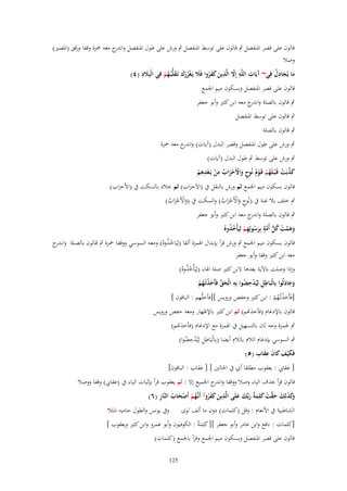 ‫قالوف على قصر ادلنفصل ٍب قالوف على توسط ادلنفصل ٍب ورش على طوؿ ادلنفصل و ج معو ْحزة وقفا ورقق (ادلصَت)‬
‫اندر‬
‫وصال‬
‫آ ِ ِ َّ ِ‬
‫َِ‬
‫ما يُجادؿ فِي~ َيَات اللَّو إَِل الَّذين كفروا فََل يَػغررؾ تَػقلُّبُػهم فِي الْبَِلد (ٗ)‬
‫َ َ ُِ‬
‫َ َ َ ُ َ ُْ ْ َ َ ُ ْ‬
‫قالوف على قصر ادلنفصل وبسكوف ميم اجلمع‬
‫ٍب قالوف بالصلة و ج معو ابن كثَت وأبو جعفر‬
‫اندر‬
‫ٍب قالوف على توسط ادلنفصل‬
‫ٍب قالوف بالصلة‬
‫ٍب ورش على طوؿ ادلنفصل وقصر البدؿ (آيات) و ج معو ْحزة‬
‫اندر‬
‫ٍب ورش على توسط ٍب طوؿ البدؿ (آيات)‬
‫ِ ِِ‬
‫كذبَت قَػ ْبػلَهم قَػوـ نُوح واْلَحزاب من بَػعدىم‬
‫َ َّ ْ ُ ْ ْ ُ ٍ َ ْ ْ َ ُ ْ ْ ْ‬
‫قالوف بسكوف ميم اجلمع ثم ورش بالنقل ُب (االَحزاب) ثم خالد بالسكت ُب (األحزاب)‬
‫ٍب خلف بال غنة ُب (نُوح واألَحزاب) والسكت ُب (واألَحزاب)‬
‫َ ْ َْ ُ‬
‫ٍ َ ْ َْ ُ‬

‫ٍب قالوف بالصلة و ج معو ابن كثَت وأبو جعفر‬
‫اندر‬
‫َ َ َّ ْ ُ ُّ َّ ٍ َ ُ ِ ِ ْ ِ ُ ُ‬
‫وىمت كل أُمة بِرسولهم ليَأْخذوهُ‬
‫قالوف بسكوف ميم اجلمع ٍب ورش قرأ بإبداؿ اذلمزة ألفا (لِيَاخػَوهُ) ومعػو السوسػي ووقفػا ْحػزة ٍب قػالوف بالصػلة وان ج‬
‫ػدر‬
‫ُُ‬
‫معو ابن كثَت وقفا وأبو جعفر‬
‫وإذا وصلت باآلية بعدىا البن كثَت صلة اذلاء (لِيَأْخَوهُ)‬
‫ُُ‬
‫ِِ ْ ِ ُ ِ‬
‫وجادلُوا بِالْبَاطل لِيُدحضوا بِو الْحق فَأَخذتُػهم‬
‫ََ َ‬
‫َ َّ َ ْ ُ ْ‬
‫[فَأَخَتُهم : ابن كثَت وحفص ورويس ][فأختُّهم : الباقوف ]‬
‫َ ْ ػُ ْ‬

‫قالوف باإلدغاـ (فأخَهتم) ثم ابن كثَت باإلظهار ومعو حفص ورويس‬

‫ٍب حلمزة وجو ثاف بالتسهيل ُب اذلمزة مع اإلدغاـ (فأخَهتم)‬
‫ِ‬
‫ِ‬
‫ٍب السوسي بإدغاـ الالـ بالالـ أيضا (بِالْبَاطل لِيُدحضوا)‬
‫ِ ْ ُ‬
‫َ َ َ َ َِ ِ‬
‫فَك ْيف كاف عقاب (٘)‬

‫[ عقايب : يعقوب مطلقا أي ُب احلالُت ] [ عقاب : الباقوف]‬

‫قالوف قرأ (َؼ الياء وصال ووقفا و ج اجلميع إال : ثم يعقوب قرأ بإثبات الياء ُب (عقايب) وقفا ووصال‬
‫اندر‬
‫ِ َ ََُ ػُ ْ ْ َ ُ ِ‬
‫َكذلِك حقت كلِمةُ ربّْك علَى الَّذين كفروآ أَنَّهم أَصحاب النَّار (ٙ)‬
‫وَ َ َ َ َّ ْ َ َ َ َ َ‬
‫الشاطبية ُب األنعاـ : وقل (كلمات) دوف ما ألف ثوى وُب يونس والطوؿ حاميو ظلال‬
‫[كلمات : نافع وابن عامر وأبو جعفر ][ كلِمةُ : الكوفيوف وأبو عمرو وابن كثَت ويعقوب ]‬
‫ََ‬
‫قالوف على قصر ادلنفصل وبسكوف ميم اجلمع وقرأ باجلمع (كلمات)‬
‫521‬

 