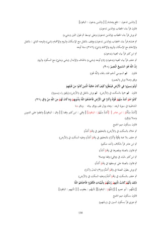 ‫[ والَين تدعوف : نافع وىشاـ ] [ والَين يدعوف : الباقوف]‬
‫قالوف قرأ بتاء اخلطاب (والَين تدعوف)‬
‫ٍب ورش قرأ بتاء اخلطاب (والَين تدعوف) وعلى توسط ٍب طوؿ اللُت (بشيء)‬
‫ٍب ىشػػاـ قػرأ بتػػاء اخلطػػاب (والػػَين تػػدعوف) ووقػػف بالنقػػل مػػع اإلسػػكاف والػػروـ واإلمشػػاـ (شػػي) والوجػػو الثػػاِن : بالنقػػل‬
‫واإلدغاـ مع اإلسكاف والروـ واإلمشاـ (شي) (ٕ×ٖ) ستة أوجو‬
‫ّ‬
‫ٍب ابن كثَت قرأ بياء الغيبة (يدعوف)‬

‫ٍب خلف قرأ بياء الغيبة (يدعوف) (ٗ) أوجو (بشيء) باحلَؼ واإلبداؿ (يشي وبشي) مع السكوف والروـ‬
‫ّ‬
‫ِ‬
‫ِ‬
‫َّ‬
‫إِف اللَّوَ ىو السميع الْبَصير (ٕٓ)‬
‫ُ َ َّ ُ‬
‫ُ‬
‫قالوف ثم السوسي أدغم اذلاء باذلاء (اللَّوَ ىو)‬
‫َُ‬

‫ورقق وصال ورش (البصَت)‬
‫ِ َ ِ‬
‫ِ‬
‫ْْ ِ‬
‫أَولَم يَسيروا فِي اْلَرض فَػيَػ ْنظُروا ك ْيف كاف عاقِبَةُ الَّذين كانُوا من قَػ ْبلِهم‬
‫ُ َ َ َ َ َ‬
‫ْ ِْ‬
‫َ‬
‫َ ْ ُ‬
‫قالوف ثم ْحزة بالسكت ُب (األرض) ثم ورش بالنقل ُب (األرض) وترقيق راء (يسَتوا)‬
‫ِ‬
‫َ َ ُ ِ ِِ ٍ‬
‫كانُوا ىم أَشد م ْنػهم قُػوةً وآثَارا فِي اْلَرض فَأَخذىم اللَّوُ بِذنُوبِهم وما كاف لَهم من اللَّو من واؽ (ٕٔ)‬
‫ُ ِ ْ ََ‬
‫ْ َ‬
‫ْ َ‬
‫َ ُ ْ َ َّ ُ ْ َّ َ َ ً‬
‫ْ ْ ِ ََُُ‬
‫الشاطبية ُب سورة الرعد : وىاد وواؿ قف وواؽ بيائو وباؽ دنا‬
‫ِ‬
‫ِ‬
‫[أَشػػد مػْنكم : ابػػن عػػامر ] [أَشػػد مػْنػهم : البػػاقوف] [ واقػػي : ابػػن كثػػَت وقفػػا ] [ واؽ : البػػاقوف] واتفقػوا علػػى التنػػوين‬
‫َ َّ ُ ْ‬
‫َ َّ ُ ْ‬
‫ٍ‬
‫وصال (واؽ)‬
‫قالوف بسكوف ميم اجلمع‬
‫ٍب خالد بالسكت ُب (األرض) بالتحقيق ُب (ىم أَش َّ)‬
‫ُ ْ َد‬

‫ٍب خلف بال غنة (قُػوةً وآَثَارا) بالتحقيق ُب (ىم أَش َّ) وعليو السكت ُب (األرض)‬
‫ُ ْ َد‬
‫َّ َ ً‬
‫ٍب ابن عامر قرأ بالكاؼ (أشد منكم)‬

‫ٍب قالوف بالصلة وبقصرىا ُب (ىم أَش َّ)‬
‫ُ ْ َد‬

‫ٍب ابن كثَت بالياء ُب (واقي) وقفا ووصال‬

‫ٍب قالوف بالصلة على توسطها ُب (ىم أَش َّ)‬
‫ُ ْ َد‬

‫ٍب ورش بطوؿ الصلة ُب (ىم أَش َّ) و(ٖ) البدؿ (آثارا)‬
‫ُ ْ َد‬

‫ٍب خلف بالسكت ُب (ىم أَش َّ) وعليو السكت ُب (األرض)‬
‫ُ ْ َد‬
‫ِ‬
‫ِ‬
‫ذَلك بِأَنَّهم كانَت تَأْتِيهم رسلُهم بِالْبَػيّْػنَات فَكفروا فَأَخذىم اللَّوُ‬
‫َ ػُ ْ َ ْ ِ ْ ُ ُ ُ ْ‬
‫ََُ َ َ ُ ُ‬
‫ِ‬
‫[رسلُهم : أبو عمرو ] [رسلُهم : الباقوف][ تأتيهم : يعقوب ] [ تأتيهم : الباقوف]‬
‫ُ‬
‫ُْ ُ‬
‫ُُ ُْ‬
‫قالوف بسكوف ميم اجلمع‬

‫ٍب دوري قرأ بسكوف السُت ُب (رسلهم)‬
‫ْ‬
‫031‬

 