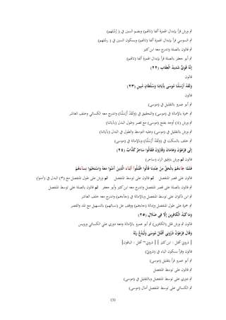 ‫ٍب ورش قرأ بإبداؿ اذلمزة ألفا (تاهتم) وبضم السُت ُب ( رسلهم)‬
‫ُُ‬

‫ٍب السوسي قرأ بإبداؿ اذلمزة ألفا (تاهتم) وبسكوف السُت ُب ( رسلهم)‬
‫ْ‬
‫ٍب قالوف بالصلة و ج معو ابن كثَت‬
‫اندر‬

‫ٍب أبو جعفر بالصلة قرأ بإبداؿ اذلمزة ألفا (تاهتم)‬
‫ِ ّّ َ ِ ُ ِ َ ِ‬
‫إِنَّوُ قَوي شديد الْعقاب (ٕٕ)‬
‫قالوف‬
‫َ َ ْ ْ َ ُ َ آ َ ُْ ٍ ُ ٍ‬
‫ولَقد أَرسلْنَا موسى بَِيَاتِنَا وسلطَاف مبِين (ٖٕ)‬
‫قالوف‬
‫ٍب أبو عمرو بالتقليل ُب (موسى)‬
‫ٍب ْحزة باإلمالة ُب (موسى) والتحقيق ُب (ولَقد أَرس ْلنَا) و ج معو الكسائي وخلف العاشر‬
‫َ َ ْ ْ َ اندر‬
‫ٍب ورش (ٗ) أوجو بفتح (موسى) مع قصر وطوؿ البدؿ (ب)ياتنا)‬

‫ٍب ورش بال تقليل ُب (موسى) وعليو التوسط والطوؿ ُب البدؿ (ب)ياتنا)‬
‫ٍب خلف بالسكت ُب (ولَقد أَرس ْلنَا) وباإلمالة ُب (موسى)‬
‫َ َْ ْ َ‬
‫ِ‬
‫إِلَى فِرعوف وىاماف وقَاروف فَػقالُوا ساحر كذاب (ٕٗ)‬
‫ْ َ ْ َ َ َ َ َ َ ُ َ َ َ ٌ َ َّ ٌ‬
‫قالوف ثم ورش بًتقيق الراء (ساحر)‬
‫ِ‬
‫ّْ ِ ِ ِ‬
‫فَػلَما جآءىم بِالْحق من ع ْندنَا قَالُوا اقْػتُػلُوآ أَبْنآء الَّذين َمنُوا معوُ واستَحيُوا نِسآءىم‬
‫َ َ آَ َ َ َ ْ ْ‬
‫َّ َ َ ُ ْ َ ْ‬
‫َ َُ ْ‬
‫قالوف على قصر ادلنفصل ثم قالوف على توسط ادلنفصل ثم ورش على طوؿ ادلنفصل مع (ٖ) البدؿ ُب (آمنوا)‬
‫ٍب قالوف بالصلة على قصر ادلنفصل و ج معو ابن كثَت وأبو جعفر ثم قالوف بالصلة على توسط ادلنفصل‬
‫اندر‬
‫ٍب ابن ذكواف على توسط ادلنفصل وباإلمالة ُب (ج)ءىم) و ج معو خلف العاشر‬
‫اندر‬
‫ٍب ْحزة على طوؿ ادلنفصل وإمالة (جاءىم) ووقف عل (نسائهم) بالتسهيل مع ادلد والقصر‬
‫ََ ٍ‬
‫َ َ َ ُ َ ِ َ َّ‬
‫وما ك ْيد الْكافِرين إَِل فِي ضَلؿ (ٕ٘)‬
‫قالوف ٍب ورش قلل (الكافرين) ٍب أبو عمرو باإلمالة ومعو دوري علي الكسائي ورويس‬
‫ِ‬
‫وقَاؿ فرعوف ذَرونِي أَقْتُل موسى ولْيَدع ربَّوُ‬
‫ػ ْ ُ َ َ ُْ َ‬
‫َ َ ْ َْ ُ ُ‬
‫[ ذروِنَ أقتل : ابن كثَت ] [ ذروِن~ أقتل : الباقوف]‬
‫قالوف وقرأ بسكوف الياء ُب (ذروِن)‬
‫ْ‬
‫ٍب أبو عمرو قرأ بتقليل (موسى)‬

‫ٍب قالوف على توسط ادلنفصل‬
‫ٍب دوري على توسط ادلنفصل وبالتقليل ُب (موسى)‬
‫ٍب الكسائي على توسط ادلنفصل أماؿ (موسى)‬
‫131‬

 