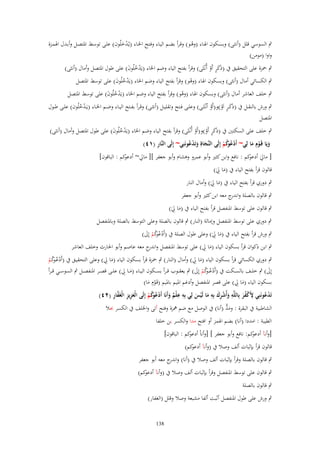 ‫ٍب السوسي قلل (أنثػى) وبسػكوف اذلػاء (وىػو) وقػرأ بضػم اليػاء وفػتح اخلػاء (يػُدخلُوف) علػى توسػط ادلتصػل وأبػدؿ اذلمػزة‬
‫ْ‬
‫َْ‬
‫واوا (مومن)‬
‫ٍب ْحزة على التحقيق ُب (ذَكر أَو أُنْػثَى) وقرأ بفتح الياء وضم اخلاء (يَدخلُوف) على طوؿ ادلتصل وأماؿ (أنثى)‬
‫ُْ َ‬
‫ٍَ ْ‬
‫ٍب الكسائي أماؿ (أنثى) وبسكوف اذلاء (وىو) وقرأ بفتح الياء وضم اخلاء (يَدخلُوف) على توسط ادلتصل‬
‫ُْ َ‬
‫ْ‬

‫ٍب خلف العاشر أماؿ (أنثى) وبسكوف اذلاء (وىو) وقرأ بفتح الياء وضم اخلاء (يَدخلُوف) على توسط ادلتصل‬
‫ُْ َ‬
‫ْ‬

‫ٍب ورش بالنقػػل ُب (ذَك ػر اَو)و(أَو اُنْػثَػػى) وعلػػى فػػتح وتقليػػل (أنثػػى) وق ػرأ بفػػتح اليػػاء وضػػم اخلػػاء (يَػدخلُوف) علػػى طػػوؿ‬
‫ُْ‬
‫ٍَ ْ ُ‬
‫ادلتصل‬
‫ٍب خلف على السكتُت ُب (ذَكر أَو)و(أَو أُنْػثَى) وقرأ بفتح الياء وضم اخلاء (يَدخلُوف) على طوؿ ادلتصل وأماؿ (أنثى)‬
‫ُْ َ‬
‫ٍَ ْ ْ‬
‫ِ‬
‫ويَا قَػوِـ ما لِي~ أَدع كم إِلَى النَّجاةِ وتَدعونَنِي~ إِلَى النَّار (ٔٗ)‬
‫َ َ ُْ‬
‫َ ْ َ‬
‫ْ ُوُ ْ‬
‫[ ماِل كم : نافع وابن كثَت وأبو عمرو وىشاـ وأبو جعفر ][ ماِل~ كم : الباقوف]‬
‫أدعو‬
‫َ أدعو‬
‫قالوف قرأ بفتح الياء ُب (ما ِِل)‬
‫َ َ‬

‫ٍب دوري قرأ بفتح الياء ُب (ما ِِل) وأماؿ النار‬
‫َ َ‬

‫ٍب قالوف بالصلة وان ج معو ابن كثَت وأبو جعفر‬
‫در‬
‫ٍب قالوف على توسط ادلنفصل قرأ بفتح الياء ُب (ما ِِل)‬
‫َ َ‬

‫ٍب دوري على توسط ادلنفصل وإمالة (النار) ٍب قالوف بالصلة وعلى التوسط بالصلة وبادلنفصل‬

‫ٍب ورش قرأ بفتح الياء ُب (ما ِِل) وعلى طوؿ الصلة ُب (أَدع كم إَِل)‬
‫ْ ُوُ ْ َ‬
‫َ َ‬

‫ٍب ابن ذكواف قرأ بسكوف الياء (ما ِِل) على توسط ادلنفصل و ج معو عاصم وأبو احلارث وخلف العاشر‬
‫اندر‬
‫َ‬

‫ٍب دوري الكسائي قرأ بسكوف الياء (ما ِِل) وأماؿ (النار) ٍب ْحزة قرأ بسكوف الياء (ما ِِل) وعلى التحقيػق ُب (أَدع كم‬
‫َ‬
‫َ‬
‫ْ ُػوُ ْ‬
‫إَِل) ٍب خلػػف بالسػػكت ُب (أَد ُػ كم إَِل) ٍب يعق ػػوب ق ػرأ بسػػكوف الي ػػاء (مػػا ِِل) علػػى قص ػػر ادلنفصػػل ٍب السوسػػي ق ػرأ‬
‫ْ ع ػوُ ْ َ‬
‫َ‬
‫َ‬
‫بسكوف الياء (ما ِِل) على قصر ادلنفصل وأدغم ادليم بادليم (قَػوِـ ما)‬
‫ْ َ‬
‫َ‬
‫ِِ‬
‫ِ‬
‫ِ‬
‫ُْ ِ‬
‫َ ِ ِ َّ ِ‬
‫تَدعونَنِي ْلَكفر بِاللَّو وأُشرؾ بِو ما لَيس لِي بِو علْم وأَنَا أَدع كم إِلَى الْعزيز الْغَفار (ٕٗ)‬
‫ٌ َ ْ ُوُ ْ‬
‫ْ َُ‬
‫َ ْ َِ َ ْ َ‬
‫َ ُّ‬
‫الشاطبية ُب البقرة : ومد (أنا) ُب الوصل مع ضم علزة وفتح أتى واخللف ُب الكسر جبال‬
‫الطيبة : امددا (أنا) بضم اذلمز أو افتح مدا والكسر بن خلفا‬

‫[وأن) كم: نافع وأبو جعفر ] [وأناْ كم : الباقوف]‬
‫أدعو‬
‫أدعو‬
‫قالوف قرأ بإثبات ألف وصال ُب (وأن) كم)‬
‫أدعو‬
‫ٍب قالوف بالصلة وقرأ بإثبات ألف وصال ُب (أنا) و ج معو أبو جعفر‬
‫اندر‬
‫ٍب قالوف على توسط ادلنفصل وقرأ بإثبات ألف وصال ُب (وأن) كم)‬
‫أدعو‬
‫ٍب قالوف بالصلة‬
‫ٍب ورش على طوؿ ادلنفصل أثبت ألفا مشبعة وصال وقلل (الغفار)‬
‫831‬

 