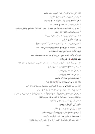 ‫قالوف و ج معو ابن كثَت وابن عامر وعاصم وأبو جعفر ويعقوب‬
‫اندر‬
‫ٍب ورش فتح (الدنيا) وقصر البدؿ وبالنقل ُب (االَشهاد)‬
‫ٍب ْحزة باإلمالة ُب (الدنيا) ووقف بالنقل والسكت ُب (األَشهاد)‬
‫ْ َْ ُ‬
‫ٍب الكسائي باإلمالة ُب (الدنيا) و ج معو خلف العاشر‬
‫اندر‬

‫ٍب ورش مع (ٖ ) أوجو الباقية توسط البدؿ على التقليل ُب (الدنيا) ٍب طوؿ البدؿ وعليو الفتح ٍب التقليل ُب (الدنيا)‬
‫ٍب دوري بسكوف السُت (رسلَنَا) وقلل (الدنيا)‬
‫ُْ‬

‫ٍب السوسي أدغم الراء بالراء (لَنَػْنصر رسلَنَا) وسكن السُت أيضا‬
‫ُُ ُ ْ‬
‫ِ‬
‫ِ‬
‫يَػوـ َل يَػ ْنػفع الظَّالِمين معذرتُػهم‬
‫َْ َ َ ُ‬
‫َ َْ َ ُ ْ‬
‫[ ال ينفع : نافع وعاصم وْحزة والكسائي وخلف العاشر ] [ ال تنفع : الباقوف]‬

‫قالوف قرأ بياء الغيبة (ال ينفع) و ج معو عاصم وْحزة والكسائي وخلف العاشر‬
‫اندر‬
‫ِ‬
‫ثم ورش قرأ بياء الغيبة (ال ينفع) وترقيق الراء (معَرتُػهم)‬
‫َْ َ ُ ْ‬
‫ثم ابن كثَت قرأ بتاء اخلطاب (تنفع) و ج معو أبو عمرو وابن عامر ويعقوب وأبو جعفر‬
‫اندر‬
‫َ ُ ُ ْ َ ُ ْ ُ الد ِ‬
‫ولَهم اللَّعنَةُ ولَهم سوءُ َّار (ٕ٘)‬

‫قالوف على توسط ادلتصل وبسكوف ميم اجلمع و ج معو ابن عامر وعاصم وأبو احلارث ويعقوب وخلف العاشر‬
‫اندر‬
‫ٍب أبو عمرو باإلمالة ُب (الدار) و ج معو دوري الكسائي‬
‫اندر‬
‫ٍب ورش على طوؿ ادلتصل وقلل (الدار)‬
‫ٍب ْحزة على طوؿ ادلتصل وفتح (الدار)‬

‫ٍب قالوف بالصلة و ج معو ابن كثَت وأبوجعفر‬
‫اندر‬
‫ِ‬
‫ولَقد آتَػ ْيػنَا موسى الْهدى وأَورثْػنَا بَنِي~ إِسرآئِيل الْكتَاب (ٖ٘)‬
‫َ‬
‫َ َ ْ َ ُ َ ُ َ َ َْ‬
‫َْ َ‬
‫قالوف على قصر ادلنفصل ثم أبو جعفر على قصر ادلنفصل وبالتسهيل ُب (إسرائيل) مع ادلد والقصر‬
‫ٍب قالوف على توسط ادلنفصل ثم ْحزة على طوؿ ادلنفصل وباإلمالة ُب (موسى)‬
‫ٍب ورش على طوؿ ادلنفصل وبالنقل ُب (ولَقد اَتَػْيػنَا) مع (ٗ) أوجو : قصر البدؿ (آتينا) مع فتح موسى ٍب توسط البدؿ‬
‫َ ََ‬
‫مع التقليل ُب (موسى) ٍب طوؿ البدؿ مع الفتح ٍب طوؿ البدؿ مع التقليل‬
‫ٍب خلف على طوؿ ادلنفصل وبالسكت ُب (ولَقد آَتَػْيػنَا)‬
‫َ َْ‬
‫ً ِْ ِ‬
‫ْ ِ‬
‫ىدى وذكرى ْلُولِي اْلَلْبَاب (ٗ٘)‬
‫ُ َ َ‬
‫قالوف ثم ورش قلل (ذكرى) وبالنقل ُب (األلباب)‬

‫ٍب أبو عمرو باإلمالة ُب (ذكرى) و ج معو الكسائي وخلف العاشر‬
‫اندر‬
‫ٍب خالد باإلمالة ُب (ذكرى) ووقف بالنقل والسكت ُب (األلباب)‬
‫ٍب خلف ووقف بالنقل والسكت ُب (األلباب) وبال غنة ُب (ىدى وذكرى) وأماؿ (ذكرى)‬
‫241‬

 