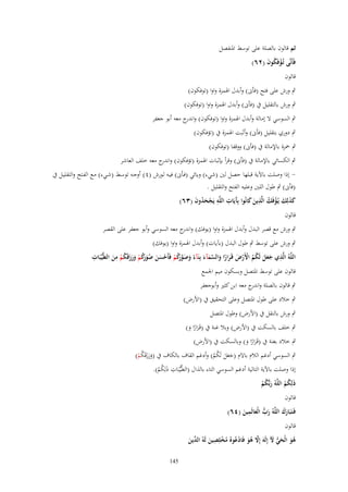‫ثم قالوف بالصلة على توسط ادلنفصل‬
‫فَأَنَّى تُػؤفَكوف (ٕٙ)‬
‫ْ ُ َ‬
‫قالوف‬
‫ٍب ورش على فتح (فأىن) وأبدؿ اذلمزة واوا (توفكوف)‬
‫ٍب ورش بالتقليل ُب (فأىن) وأبدؿ اذلمزة واوا (توفكوف)‬
‫ٍب السوسي ال إمالة وأبدؿ اذلمزة واوا (توفكوف) و ج معو أبو جعفر‬
‫اندر‬
‫ٍب دوري بتقليل (فأىن) وأثبت اذلمزة ُب (تالفكوف)‬
‫ٍب ْحزة باإلمالة ُب (فأىن) ووقفا (توفكوف)‬
‫ٍب الكسائي باإلمالة ُب (فأىن) وقرأ بإثبات اذلمزة (تالفكوف) و ج معو خلف العاشر‬
‫اندر‬
‫ إذا وصلت باآلية قبلها حصل لُت (شيء) ويائي (فػأىن) فيػو لػورش (ٗ) أوجػو توسػط (شػيء) مػع الفػتح والتقليػل ُب‬‫(فأىن) ٍب طوؿ اللُت وعليو الفتح والتقليل .‬
‫كذلِك يُػؤفَك الَّذين كانُوا بَِيَات اللَّو يَجحدوف (ٖٙ)‬
‫ََ َ ْ ُ ِ َ َ آ ِ ِ ْ َُ َ‬
‫قالوف‬
‫ٍب ورش مع قصر البدؿ وأبدؿ اذلمزة واوا (يوفك) و ج معو السوسي وأبو جعفر على القصر‬
‫اندر‬
‫ٍب ورش على توسط ٍب طوؿ البدؿ (ب)يات) وأبدؿ اذلمزة واوا (يوفك)‬
‫ِ‬
‫ِ‬
‫ِ‬
‫اللَّوُ الَّذي جعل لَكم اْلَرض قَػرارا والسمآء بِنَآء وصوكم فَأَحسن صوكم ورزقَكم من الطَّيّْبَات‬
‫َ َ َ ُ ُ ْ ْ َ َ ً َ َّ َ َ ً َ َ َّرُ ْ ْ َ َ ُ َ رُ ْ َ َ َ ُ ْ َ‬
‫َ‬
‫َ‬
‫قالوف على توسط ادلتصل وبسكوف ميم اجلمع‬
‫ٍب قالوف بالصلة و ج معو ابن كثَت وأبوجعفر‬
‫اندر‬
‫ٍب خالد على طوؿ ادلتصل وعلى التحقيق ُب (األرض)‬
‫ٍب ورش بالنقل ُب (األرض) وطوؿ ادلتصل‬
‫ٍب خلف بالسكت ُب (األرض) وبال غنة ُب (قَػرارا و)‬
‫ًَ َ‬

‫ٍب خالد بغنة ُب (قَػرارا و) وبالسكت ُب (األرض)‬
‫ًَ َ‬

‫ٍب السوسي أدغم الالـ باالـ (جعل لَكم) وأدغم القاؼ بالكاؼ ُب (ورزقَكم)‬
‫َََ ُ ْ‬
‫ََ َ ُ ُ‬
‫ِ‬
‫إذا وصلت باآلية التالية أدغم السوسي التاء بالَاؿ (الطَّيّْبَات ذلِكم).‬
‫َ ُُ‬
‫ذلِكم اللَّوُ ربُّكم‬
‫َ ُْ‬
‫َ ُُ‬
‫قالوف‬

‫ِ‬
‫فَػتَبَارؾ اللَّوُ رب الْعالَمين (ٗٙ)‬
‫ََ‬
‫َ ُّ َ َ‬

‫قالوف‬

‫ِ‬
‫ىو الْحي ْل إِلَوَ إَِل ىو فَاد ُوهُ مخلِصين لَوُ ّْين‬
‫ُ َ َ ُّ َ‬
‫َّ ُ َ ْ ع ُ ْ َ الد َ‬
‫541‬

 
