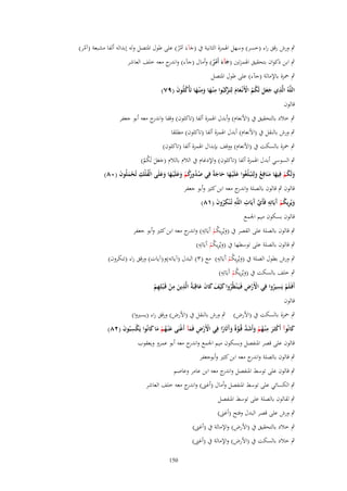 ‫ٍب ورش رقق راء (خسر) وسهل اذلمزة الثانية ُب (ج)ءَ اَمر) على طوؿ ادلتصل ولو إبدالو ألفا مشبعة (آمر)‬
‫ْ‬
‫َ ُْ‬
‫ٍب ابن ذكواف بتحقيق اذلمزتُت (جآء أَمر) وأماؿ (ج)ء) و ج معو خلف العاشر‬
‫اندر‬
‫َ َ ُْ‬

‫ٍب ْحزة باإلمالة (ج)ء) على طوؿ ادلتصل‬
‫اللَّوُ الَّذي جعل لَكم اْلَنْػعاـ لِتَػ ْكبُوا م ْنػها وم ْنػها تَأْكلُوف (ٜٚ)‬
‫ِ َ َ َ ُ ُ ْ َ َ رَ ِ َ َ ِ َ ُ َ‬
‫قالوف‬

‫ٍب خالد بالتحقيق ُب (األنعاـ) وأبدؿ اذلمزة ألفا (تاكلوف) وقفا و ج معو أبو جعفر‬
‫اندر‬
‫ٍب ورش بالنقل ُب (األنعاـ) أبدؿ اذلمزة ألفا (تاكلوف) مطلقا‬
‫ٍب ْحزة بالسكت ُب (األنعاـ) ووقف بإبداؿ اذلمزة ألفا (تاكلوف)‬
‫ٍب السوسي أبدؿ اذلمزة ألفا (تاكلوف) واإلدغاـ ُب الالـ بالالـ (جعل لَكم)‬
‫ََ َ ُ ُ‬
‫ِ‬
‫ولَكم فِيها منَافِع ولِتَْبػلُغُوا علَْيػها حاجةً فِي صدوكم وعلَْيػها وعلَى الْفلْك تُحملُوف (ٓٛ)‬
‫ُ ُ رُ ْ َ َ َ َ َ ُ ِ ْ َ َ‬
‫َ َ َ َ‬
‫َ ُْ َ َ ُ َ‬
‫قالوف ٍب قالوف بالصلة و ج معو ابن كثَت وأبو جعفر‬
‫اندر‬
‫ويُريكم َيَاتِو فَأَي َيَات اللَّو تُػ ْنكروف (ٔٛ)‬
‫َ ِ ُ ْ آ ِ َّ آ ِ ِ ِ ُ َ‬
‫قالوف بسكوف ميم اجلمع‬
‫ٍب قالوف بالصلة على القصر ُب (ويُريكم آَيَاتِو) و ج معو ابن كثَت وأبو جعفر‬
‫َ ِ ُ ْ ِ اندر‬
‫ِ‬
‫ٍب قالوف بالصلة على توسطها ُب (ويُريكم آَيَاتِو)‬
‫َ ِ ُْ‬
‫ِ‬
‫ٍب ورش بطوؿ الصلة ُب (ويُريكم آَيَاتِو) مع (ٖ) البدؿ (آياتو)و(آيات) ورقق راء (تنكروف)‬
‫َ ِ ُْ‬
‫ِ‬
‫ٍب خلف بالسكت ُب (ويُريكم آَيَاتِو)‬
‫َ ِ ُْ‬
‫ِ ِ‬
‫ِ‬
‫ْْ ِ‬
‫أَفَػلَم يَسيروا فِي اْلَرض فَػيَػ ْنظُروا ك ْيف كاف عاقِبَةُ الَّذين من قَػ ْبلِهم‬
‫ُ َ َ َ َ َ‬
‫َ ْ ِْ‬
‫ْ ُ‬
‫قالوف‬
‫ٍب ْحزة بالسكت ُب (األرض) ٍب ورش بالنقل ُب (األرض) ورقق راء (يسَتوا)‬
‫ِ‬
‫كانُوآ أَكثَػر م ْنػهم وأَشد قُػوة وآثَارا فِي اْلَرض فَمآ أَغنَى ع ْنػهم ما كانُوا يَكسبُوف (ٕٛ)‬
‫ْ ْ ِ َ ْ َ ُْ َ َ‬
‫َ‬
‫ِْ َ‬
‫ْ َ ُ ْ َ َ َّ َّ ً َ َ ً‬
‫قالوف على قصر ادلنفصل وبسكوف ميم اجلمع و ج معو أبو عمرو ويعقوب‬
‫اندر‬
‫ٍب قالوف بالصلة و ج معو ابن كثَت وأبوجعفر‬
‫اندر‬
‫ٍب قالوف على توسط ادلنفصل و ج معو ابن عامر وعاصم‬
‫اندر‬
‫ٍب الكسائي على توسط ادلنفصل وأماؿ (أغٌت) و ج معو خلف العاشر‬
‫اندر‬
‫ٍب لقالوف بالصلة على توسط ادلنفصل‬
‫ٍب ورش على قصر البدؿ وفتح (أغٌت)‬
‫ٍب خالد بالتحقيق ُب (األرض) واإلمالة ُب (أغٌت)‬
‫ٍب خالد بالسكت ُب (األرض) واإلمالة ُب (أغٌت)‬
‫051‬

 