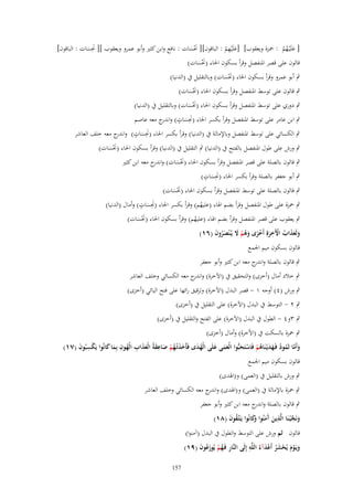 ‫ِ‬
‫ِ‬
‫[ علَْيػهم : ْحزة ويعقوب] [علَْيهم : الباقوف][ ضلسات : نافع وابن كثَت وأبو عمرو ويعقوب ][ ضلسات : الباقوف]‬
‫َ ْ‬
‫َ ُْ‬
‫َ َ‬
‫َْ َ‬
‫قالوف على قصر ادلنفصل وقرأ بسكوف احلاء (ضلسات)‬
‫َْ َ‬
‫ٍب أبو عمرو وقرأ بسكوف احلاء (ضلسات) وبالتقليل ُب (الدنيا)‬
‫َْ َ‬

‫ٍب قالوف على توسط ادلنفصل وقرأ بسكوف احلاء (ضلسات)‬
‫َْ َ‬

‫ٍب دوري على توسط ادلنفصل وقرأ بسكوف احلاء (ضلسات) وبالتقليل ُب (الدنيا)‬
‫َْ َ‬
‫ٍب ابن عامر على توسط ادلنفصل وقرأ بكسر احلاء (ضلسات) و ج معو عاصم‬
‫َِ َ ٍ اندر‬
‫ٍب الكسائي على توسط ادلنفصل وباإلمالة ُب (الدنيا) وقرأ بكسر احلاء (ضلسات) و ج معو خلف العاشر‬
‫َِ َ ٍ اندر‬
‫ٍب ورش على طوؿ ادلنفصل بالفتح ُب (الدنيا) ٍب التقليل ُب (الدنيا) وقرأ بسكوف احلاء (ضلسات)‬
‫َْ َ‬

‫ٍب قالوف بالصلة على قصر ادلنفصل وقرأ بسكوف احلاء (ضلسات) و ج معو ابن كثَت‬
‫اندر‬
‫َْ َ‬
‫َِ ٍ‬
‫ٍب أبو جعفر بالصلة وقرأ بكسر احلاء (ضلسات)‬
‫َ‬
‫ٍب قالوف بالصلة على توسط ادلنفصل وقرأ بسكوف احلاء (ضلسات)‬
‫َْ َ‬
‫َِ ٍ‬
‫ٍب ْحزة على طوؿ ادلنفصل وقرأ بضم اذلاء (عليهم) وقرأ بكسر احلاء (ضلسات) وأماؿ (الدنيا)‬
‫ُ‬
‫َ‬
‫ٍب يعقوب على قصر ادلنفصل وقرأ بضم اذلاء (عليهم) وقرأ بسكوف احلاء (ضلسات)‬
‫ُ‬
‫َْ َ‬
‫ولَعذاب اْلَخرةِ أَخزى وىم َل يُػ ْنصروف (ٙٔ)‬
‫َ َ َ ُ ْ ِ َ ْ َ َ ُ ْ َ َُ َ‬
‫قالوف بسكوف ميم اجلمع‬
‫ٍب قالوف بالصلة و ج معو ابن كثَت وأبو جعفر‬
‫اندر‬
‫ٍب خالد أماؿ (أخزى) والتحقيق ُب (اآلخرة) و ج معو الكسائي وخلف العاشر‬
‫اندر‬
‫ٍب ورش (ٗ) أوجو ٔ - قصر البدؿ (اآلخرة) وترقيق رائها على فتح اليائي (أخزى)‬
‫ٍب ٕ - التوسط ُب البدؿ (اآلخرة) على التقليل ُب (أخزى)‬
‫ٍب ٖوٗ - الطوؿ ُب البدؿ (اآلخرة) على الفتح والتقليل ُب (أخزى)‬
‫ٍب ْحزة بالسكت ُب (األخرة) وأماؿ (أخزى)‬

‫وأَما ثَمود فَػهديْػنَاىم فَاستَحبُّوا الْعمى علَى الْهدى فَأَخذتْػهم صاعقةُ الْعذاب الْهوف بِما كانُوا يَكسبُوف (ٚٔ)‬
‫َ َ ُ ْ َ َِ ََ ِ ُ ِ َ َ‬
‫ِْ َ‬
‫َ َّ ُ ُ َ َ ُ ْ ْ َ َ َ َ ُ َ‬
‫قالوف بسكوف ميم اجلمع‬

‫ٍب ورش بالتقليل ُب (العمى) و(اذلدى)‬
‫ٍب ْحزة باإلمالة ُب (العمى) و(اذلدى) و ج معو الكسائي وخلف العاشر‬
‫اندر‬
‫ٍب قالوف بالصلة و ج معو ابن كثَت وأبو جعفر‬
‫اندر‬
‫ونَج ْيػنَا الَّذين َمنُوا َكانُوا يَػتَّػقوف (ٛٔ)‬
‫َ َّ‬
‫ِ َ آ َ وَ‬
‫ُ َ‬
‫قالوف ثم ورش على التوسط والطوؿ ُب البدؿ (آمنوا)‬
‫ِ‬
‫ويَػوـ يُحشر أَعدآءُ اللَّو إِلَى النَّار فَػهم يُوزعوف (ٜٔ)‬
‫ِ ُ ْ َُ َ‬
‫َ ْ َ ْ َُ ْ َ‬
‫751‬

 