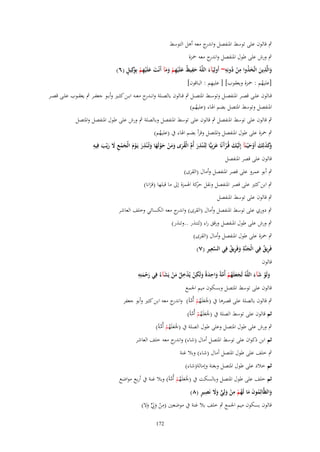 ‫ٍب قالوف على توسط ادلنفصل و ج معو أىل التوسط‬
‫اندر‬
‫ٍب ورش على طوؿ ادلنفصل و ج معو ْحزة‬
‫اندر‬
‫ِ‬
‫َُ ِ ُ ِ‬
‫َِ ٌ َ ِ ْ ََ َ َ ِ ْ و ٍ‬
‫والَّذين اتَّخذوا من دونِو~ أَولِيَآء اللَّوُ حفيظ علَْيهم ومآ أَنْت علَْيهم بَِكِيل (ٙ)‬
‫ْ‬
‫َ َ‬
‫َ‬
‫ِ‬
‫[عليهم : ْحزة ويعقوب] [ عليهم : الباقوف]‬
‫ُ‬

‫قػػالوف علػػى قصػػر ادلنفصػػل وتوسػػط ادلتصػػل ٍب قػػالوف بالصػػلة وانػ ج معػػو ابػػن كثػػَت وأبػػو جعفػػر ٍب يعقػػوب علػػى قصػػر‬
‫ػدر‬
‫ادلنفصل وتوسط ادلتصل بضم اذلاء (عليهم)‬
‫ُ‬
‫ٍب قالوف على توسط ادلنفصل ٍب قالوف على توسط ادلنفصل وبالصلة ٍب ورش على طوؿ ادلنفصل وادلتصل‬

‫ٍب ْحزة على طوؿ ادلنفصل وادلتصل وقرأ بضم اذلاء ُب (عليهم)‬
‫ُ‬
‫ِ‬
‫ِ‬
‫ِ‬
‫َكذلِك أَوح ْيػنَآ إِلَيك قُػرآنًا عربِيِّا لِتُػ ْنذر أُـ الْقرى ومن حولَها وتُػ ْنذر يَػوـ الْجمع َل ريْب فِيو‬
‫َ َّ ُ َ َ َ ْ َ ْ َ َ َ ْ َ َ ْ ِ َ َ َ‬
‫وَ َ َ ْ َ ْ َ ْ َ َ َ‬
‫قالوف على قصر ادلنفصل‬
‫ٍب أبو عمرو على قصر ادلنفصل وأماؿ (القرى)‬
‫ٍب ابن كثَت على قصر ادلنفصل ونقل كة اذلمزة إَل ما قبلها (قرانا)‬
‫حر‬
‫َ‬
‫ٍب قالوف على توسط ادلنفصل‬
‫ٍب دوري على توسط ادلنفصل وأماؿ (القرى) و ج معو الكسائي وخلف العاشر‬
‫اندر‬
‫ٍب ورش على طوؿ ادلنفصل ورقق راء (لتنَر ..وتنَر)‬
‫ٍب ْحزة على طوؿ ادلنفصل وأماؿ (القرى)‬
‫َّ ِ ِ‬
‫فَريق فِي الْجنَّة وفَريق فِي السعير (ٚ)‬
‫ََِ ٌِ‬
‫ٌِ‬
‫قالوف‬
‫ِ‬
‫ولَو شآء اللَّوُ لَجعلَهم أُمةً واحدة ولَكن يُدخل من يَشآءُ فِي رحمتِو‬
‫َ َ ُ ْ َّ َ ِ َ ً َ ِ ْ ْ ِ ُ َ ْ َ‬
‫َْ َ‬
‫َْ َ َ‬
‫قالوف على توسط ادلتصل وبسكوف ميم اجلمع‬
‫ٍب قالوف بالصلة على قصرىا ُب (جلَعلَهم أُمةً) و ج معو ابن كثَت وأبو جعفر‬
‫َ َ ُ ْ َّ اندر‬
‫ثم قالوف على توسط الصلة ُب (جلَعلَهم أُمةً)‬
‫َ َ ُ ْ َّ‬
‫ٍب ورش على طوؿ ادلتصل وعلى طوؿ الصلة ُب (جلَعلَهم أُمةً)‬
‫َ َ ُ ْ َّ‬

‫ثم ابن ذكواف على توسط ادلتصل أماؿ (شاء) و ج معو خلف العاشر‬
‫اندر‬
‫ٍب خلف على طوؿ ادلتصل أماؿ (شاء) وبال غنة‬
‫ثم خالد على طوؿ ادلتصل وبغنة وإمالة(شاء)‬
‫ثم خلف على طوؿ ادلتصل وبالسكت ُب (جلَعلَهم أُمةً) وبال غنة ُب أربع مواضع‬
‫َ َ ُ ْ َّ‬
‫َ ُ َ َ ُ ْ ِ ْ َ ٍّ َ َ ِ ٍ‬
‫والظَّالِموف ما لَهم من ولِي وَل نَصير (ٛ)‬
‫ِ‬
‫قالوف بسكوف ميم اجلمع ٍب خلف بال غنة ُب موضعُت (من وِِل وال)‬
‫َْيَ‬
‫271‬

 