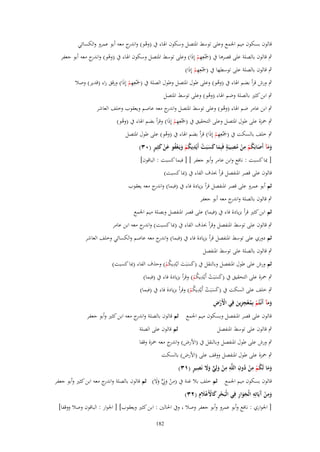 ‫قالوف بسكوف ميم اجلمع وعلى توسط ادلتصل وسكوف اذلاء ُب (وىو) و ج معو أبو عمرو والكسائي‬
‫ْ اندر‬
‫ِ‬
‫ٍب قالوف بالصلة على قصرىا ُب َْعِهم إِذَا) وعلى توسط ادلتصل وسكوف اذلاء ُب (وىو) و ج معو أبو جعفر‬
‫ْ اندر‬
‫(مج ْ‬
‫ِ‬
‫ٍب قالوف بالصلة على توسطها ُب َْعِهم إِذَا)‬
‫(مج ْ‬
‫ِ‬
‫ٍب ورش قرأ بضم اذلاء ُب (وىو) وعلى طوؿ ادلتصل وطوؿ الصلة ُب َْعِهم إِذَا) ورقق راء (قدير) وصال‬
‫ُ‬
‫(مج ْ‬
‫ٍب ابن كثَت بالصلة وضم اذلاء (وىو) وعلى توسط ادلتصل‬
‫ُ‬

‫ٍب ابن عامر ضم اذلاء (وىو) وعلى توسط ادلتصل و ج معو عاصم ويعقوب وخلف العاشر‬
‫اندر‬
‫ُ‬
‫ِ‬
‫ٍب ْحزة على طوؿ ادلتصل وعلى التحقيق ُب َْعِهم إِذَا) وقرأ بضم اذلاء ُب (وىو)‬
‫ُ‬
‫(مج ْ‬
‫ِ‬
‫ٍب خلف بالسكت ُب َْعِهم إِذَا) قرأ بضم اذلاء ُب (وىو) على طوؿ ادلتصل‬
‫ُ‬
‫(مج ْ‬
‫ََ َ ُ ْ ِ ْ ُ ِ ٍ َ َ َ ْ ِ ُ ْ َ ُْ َ ْ َ ٍ‬
‫ومآ أَصابَكم من مصيبَة فَبِما كسبَت أَيْديكم ويَػعفو عن كثِير (ٖٓ)‬
‫[ مبا كسبت : نافع وابن عامر وأبو جعفر ] [ فبما كسبت : الباقوف]‬
‫قالوف على قصر ادلنفصل قرأ (َؼ الفاء ُب (مبا كسبت)‬
‫ثم أبو عمرو على قصر ادلنفصل قرأ بزيادة فاء ُب (فبما) و ج معو يعقوب‬
‫اندر‬
‫ٍب قالوف بالصلة و ج معو أبو جعفر‬
‫اندر‬
‫ثم ابن كثَت قرأ بزيادة فاء ُب (فيما) على قصر ادلنفصل وبصلة ميم اجلمع‬
‫ٍب قالوف على توسط ادلنفصل وقرأ (َؼ الفاء ُب (مبا كسبت) و ج معو ابن عامر‬
‫اندر‬

‫ثم دوري على توسط ادلنفصل قرأ بزيادة فاء ُب (فبما) و ج معو عاصم والكسائي وخلف العاشر‬
‫اندر‬
‫ٍب قالوف بالصلة على توسط ادلنفصل‬

‫ِ‬
‫ثم ورش على طوؿ ادلنفصل وبالنقل ُب (كسبَت اَيْديكم) وحَؼ الفاء (مبا كسبت)‬
‫ََ َ‬
‫ُْ‬
‫ِ‬
‫ٍب ْحزة على التحقيق ُب (كسبَت أَيْديكم) وقرأ بزيادة فاء ُب (فبما)‬
‫ََ ْ‬
‫ُْ‬
‫ِ‬
‫ٍب خلف على السكت ُب (كسبَت أَيْديكم) وقرأ بزيادة فاء ُب (فبما)‬
‫ََ ْ‬
‫ُْ‬
‫ِ‬
‫ْْ ِ‬
‫ومآ أَنْػتُم بِمعجزين فِي اْلَرض‬
‫ْ ُْ ِ َ‬
‫َ‬
‫قالوف على قصر ادلنفصل وبسكوف ميم اجلمع ثم قالوف بالصلة و ج معو ابن كثَت وأبو جعفر‬
‫اندر‬
‫ٍب قالوف على توسط ادلنفصل‬

‫ثم قالوف على الصلة‬

‫ٍب ورش على طوؿ ادلنفصل وبالنقل ُب (األرض) و ج معو ْحزة وقفا‬
‫اندر‬
‫ٍب ْحزة على طوؿ ادلنفصل ووقف على (األرض) بالسكت‬
‫َ َ ُ ْ ِ ْ ُ ِ ِ ِ ْ َ ٍّ َ َ ِ ٍ‬
‫وما لَكم من دوف اللَّو من ولِي وَل نَصير (ٖٔ)‬
‫قالوف بسكوف ميم اجلمع ثم خلف بال غنة ُب (من وِِل وال) ثم قالوف بالصلة و ج معو ابن كثَت وأبو جعفر‬
‫اندر‬
‫ِ ْ َ ي ََ‬
‫َِ ْ آ ِ َ َ ِ‬
‫ومن َيَاتِو الْجوار فِي الْبَحر كاْلَعَلِـ (ٕٖ)‬
‫ْ ِ َ ْ َْ‬
‫[ اجلواري : نافع وأبو عمرو وأبو جعفر وصال وُب احلالُت : ابن كثَت ويعقوب] [ اجلوار : الباقوف وصال ووقفا]‬
‫281‬

 