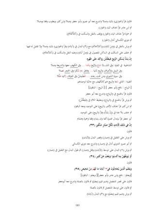 ‫قالوف قرأ (اجلواري) بالياء وصال و ج معو أبو عمرو وأبو جعفر وصال وابن كثَت ويعقوب وقفا ووصال‬
‫اندر‬
‫ٍب ابن عامر قرأ (َؼ الياء (اجلوار)‬
‫ٍب ْحزة قرأ (َؼ الياء (اجلوار) ووقف بالنقل والسكت ُب (كاألَعالِـ)‬
‫َ ْ َْ‬

‫ٍب دوري الكسائي أماؿ (اجلوار)‬
‫ِ‬
‫ِ‬
‫ٍب ورش بالنقل ُب (ومن اَيَاتِو) و(كاالَعالـ) مع (ٖ ) البدؿ ُب (آياتو) وقرأ (اجلواري) بالياء وصال وال تقليل لو فيها‬
‫َ َ‬
‫ِ‬
‫ِ‬
‫ٍب خلف على السكت ُب الساكن ادلفصوؿ ُب (ومن آَيَاتِو) وعليو النقل والسكت ُب (كاألعالـ)‬
‫َ ْ‬
‫إِف يشأْ يسكن الريح فَػيظْلَلْن رواكِد علَى ظَهرهِ‬
‫ِْ‬
‫ْ َ َ ُ ْ ِ ِ ّْ َ َ َ َ َ َ َ‬
‫ِ‬
‫الشاطبية ُب البقرة :وُب التاء ياءٌ شاع والريح وحدا ... وُب الكهف معها والشريعة وصال‬
‫ّْ َ َّ‬
‫وُب النمل واألعراؼ والروـ ثانيا ... وفاطر دـ شكرا وُب احلجر فصال‬
‫ُ‬
‫ِ‬
‫وُب سورة الشورى ومن حتت رعده ... خصوص وُب الفرقاف زاكيو ىلَّال‬
‫َ‬
‫ُ ُ ٌ‬
‫الطيبة : الثاِن شفا والريح ىم كالكهف مع جاثية توحيدىم‬
‫[ الرياح : نافع وأبو جعفر ] [ الريح : الباقوف]‬
‫قالوف قرأ باجلمع ُب (الرياح) و ج معو أبو جعفر‬
‫اندر‬
‫ٍب ورش قرأ باجلمع ُب (الرياح) وبتغليظ الالـ ُب (فَػيَظْلَْلن)‬
‫َ‬

‫ٍب ابن كثَت قرأ (َؼ األلف (الريح) على التوحيد ومعو الباقوف‬

‫ٍب خلف بال غنة ُب (إِف يَشأْ) وقرأ (الريح) على التوحيد‬
‫ْ َ‬

‫أبو جعفر قرأ بإبداؿ اذلمزة ألفا (إف يشا) وقفا وْحزة وىشاـ‬
‫َ َ ٍ ُ ّْ َ ٍ َ ُ ٍ‬
‫َّ‬
‫إِف فِي ذَلِك ْلَيَات لِكل صبَّار شكور (ٖٖ)‬
‫قالوف‬
‫ٍب ورش على التقليل ُب (صبار) وقصر البدؿ (آليات)‬
‫ٍب أبو عمرو الدوري أماؿ ُب (صبار) و ج معو دوري الكسائي‬
‫اندر‬
‫ٍب ورش (ٕ ) البدؿ على توسط (آليات) وقلل (صبار) ٍب طوؿ البدؿ مع التقليل ُب (صبار)‬
‫ْ ْ ُ َّ َ َ َ َ ْ ُ َ ْ َ ٍ‬
‫أَو يُوبِقهن بِما كسبُوا ويَػعف عن كثِير (ٖٗ)‬
‫قالوف‬
‫آ َ ُْ ِْ َِ ٍ‬
‫ويَػعلَم الَّذين يُجادلُوف فِي~ َيَاتِنَا ما لَهم من محيص (ٖ٘)‬
‫َْ َ ِ َ َِ َ‬
‫[ويعلم : نافع وابن عامر وأبو جعفر][ ويعلم : الباقوف]‬
‫َ‬
‫ُ‬
‫قالوف على قصر ادلنفصل وضم ادليم (يعلم) ٍب قالوف بالصلة و ج معو أبوجعفر‬
‫اندر‬
‫ُ‬
‫ٍب قالوف على توسط ادلنفصل ٍب قالوف بالصلة‬

‫ٍب ورش وضم ادليم (يعلم) مع (ٖ) البدؿ (آياتنا)‬
‫ُ‬
‫381‬

 