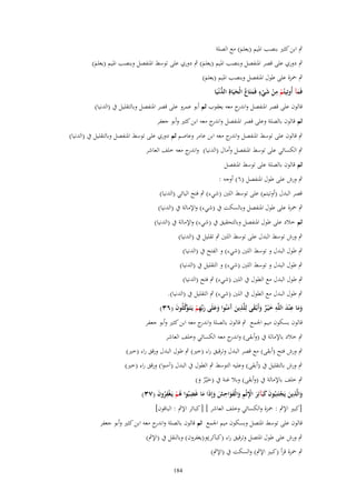 ‫ٍب ابن كثَت بنصب ادليم (يعلم) مع الصلة‬
‫َ‬

‫ٍب دوري على قصر ادلنفصل وبنصب ادليم (يعلم) ٍب دوري على توسط ادلنفصل وبنصب ادليم (يعلم)‬
‫َ‬
‫َ‬

‫ٍب ْحزة على طوؿ ادلنفصل وبنصب ادليم (يعلم)‬
‫َ‬
‫ٍ‬
‫ِ‬
‫ُّ‬
‫فَمآ أُوتِيتُم من شيء فَمتَاع الْحيَاةِ الدنْػيَا‬
‫ْ ْ َْ َ ُ َ‬
‫َ‬
‫قالوف على قصر ادلنفصل و ج معو يعقوب ثم أبو عمرو على قصر ادلنفصل وبالتقليل ُب (الدنيا)‬
‫اندر‬
‫ثم قالوف بالصلة وعلى قصر ادلنفصل و ج معو ابن كثَت وأبو جعفر‬
‫اندر‬

‫ٍب قالوف على توسط ادلنفصل و ج معو ابن عامر وعاصم ثم دوري على توسط ادلنفصل وبالتقليل ُب (الدنيا)‬
‫اندر‬
‫ٍب الكسائي على توسط ادلنفصل وأماؿ (الدنيا) و ج معو خلف العاشر‬
‫اندر‬
‫ثم قالوف بالصلة على توسط ادلنفصل‬
‫ٍب ورش على طوؿ ادلنفصل (ٙ) أوجو :‬
‫قصر البدؿ (أوتيتم) على توسط اللُت (شيء) ٍب فتح اليائي (الدنيا)‬
‫ٍب ْحزة على طوؿ ادلنفصل وبالسكت ُب (شيء) واإلمالة ُب (الدنيا)‬
‫ثم خالد على طوؿ ادلنفصل وبالتحقيق ُب (شيء) واإلمالة ُب (الدنيا)‬
‫ٍب ورش توسط البدؿ على توسط اللُت ٍب تقليل ُب (الدنيا)‬
‫ٍب طوؿ البدؿ و توسط اللُت (شيء) و الفتح ُب (الدنيا)‬
‫ٍب طوؿ البدؿ و توسط اللُت (شيء) و التقليل ُب (الدنيا)‬
‫ٍب طوؿ البدؿ مع الطوؿ ُب اللُت (شيء) ٍب فتح (الدنيا)‬
‫ٍب طوؿ البدؿ مع الطوؿ ُب اللُت (شيء) ٍب التقليل ُب (الدنيا).‬
‫وما ع ْند اللَّو خ ْيػر وأَبْػقى لِلَّذين َمنُوا وعلَى ربّْهم يَػتَػ َكلُوف (ٖٙ)‬
‫َ َ ِ َ ِ َ ٌ َ َ ِ َ آ َ َ َ َ ِ ْ وَّ َ‬
‫قالوف بسكوف ميم اجلمع ٍب قالوف بالصلة و ج معو ابن كثَت وأبو جعفر‬
‫اندر‬
‫ٍب خالد باإلمالة ُب (وأبقى) و ج معو الكسائي وخلف العاشر‬
‫اندر‬
‫ٍب ورش فتح (أبقى) مع قصر البدؿ وترقيق راء (خَت) ٍب طوؿ البدؿ ورقق راء (خَت)‬
‫ٍب ورش بالتقليل ُب (أبقى) وعليو التوسط ٍب الطوؿ ُب البدؿ (آمنوا) ورقق راء (خَت)‬
‫ٍب خلف باإلمالة ُب (وأبقى) وبال غنة ُب (خْيػر و)‬
‫ٌََ‬
‫والَّذين يَجتَنِبُوف كبَآئِر اْلثْم والْفواحش وإِذَا ما غَضبُوا ىم يَػغْفروف (ٖٚ)‬
‫َ ِ َ ْ َ َ َ ِْ ِ َ َ َ ِ َ َ َ ِ ُ ْ ِ ُ َ‬
‫[كبَت اإلٍب : ْحزة والكسائي وخلف العاشر ] [ كبائر اإلٍب : الباقوف]‬
‫قالوف على توسط ادلتصل وبسكوف ميم اجلمع ثم قالوف بالصلة و ج معو ابن كثَت وأبو جعفر‬
‫اندر‬
‫ٍب ورش على طوؿ ادلتصل وترقيق راء (كب)ئر)و(يغفروف) وبالنقل ُب (اإلٍب)‬
‫ٍب ْحزة قرأ (كبَت اإلٍب) والسكت ُب (اإلٍب)‬
‫481‬

 