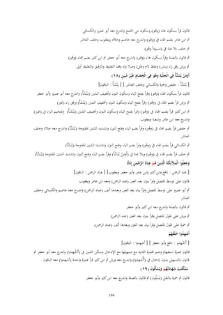 ‫قالوف قرأ بسكوف ىاء (وىو) وسكوف مي اجلمع و ج معو أبو عمرو والكسائي‬
‫اندر‬
‫ْ‬

‫ٍب ابن عامر بضم اذلاء ُب (وىو) و ج معو عاصم وخالد ويعقوب وخلف العاشر‬
‫ُ اندر‬
‫ٍب خلف بال غنة ُب (مسوداً وىو)‬
‫ُ‬

‫ٍب قالوف بالصلة وقرأ بسكوف ىاء (وىو) و ج معو أبو جعفر ٍب ابن كثَت بضم اذلاء (وىو)‬
‫ْ اندر‬
‫ُ‬

‫ٍب ورش رقق راء (بشر) وغلظ الـ (ظل) وصال ولو وقفا التغليظ والًتقيق والتغليظ أوَل‬
‫ِ ِ‬
‫ِ َِ ُ ُ ٍ‬
‫َ َ ْ َّ‬
‫أَومن يُػنَشأُ فِي الْحلْيَة وىو فِي الْخصاـ غَْيػر مبِين (ٛٔ)‬
‫َ َُ‬
‫[ يػُنَشأُ : حفص وْحزة والكسائي وخلف العاشر ] [ يػَْنشأُ : الباقوف]‬
‫َّ‬
‫َ‬

‫قالوف قرأ بسكوف اذلاء (وىو) وقرأ بفتح الياء وسكوف النوف وختفيف الشُت (يػَْنشأُ) و ج معو أبو عمرو وأبو جعفر‬
‫َ اندر‬
‫ْ‬
‫ٍب ورش قرأ بضم اذلاء ُب (وىو) وقرأ بفتح الياء وسكوف النوف وختفيف الشُت (يػَْنشأُ) ورقق راء (غَت)‬
‫َ‬
‫ُ‬

‫ٍب ابػػن كثػػَت ق ػرأ بضػػم اذلػػاء ُب (وىػػو) وق ػرأ بفػػتح اليػػاء وسػػكوف النػػوف وختفيػػف الشػػُت (يػَْنش ػأُ) وتفخػػيم ال ػراء ُب (غػػَت)‬
‫َ‬
‫ُ‬
‫و ج معو ابن عامر وشعبة ويعقوب‬
‫اندر‬
‫ٍب حفص قرأ بضم اذلاء ُب (وىو) وقرأ بضم الياء وفتح النوف وتشديد الشُت ادلفتوحة (يػُنَ َّأ) و ج معو خالد وخلف‬
‫ش اندر‬
‫ُ‬
‫العاشر‬
‫ٍب الكسائي قرأ بضم اذلاء ُب (وىو) وقرأ بضم الياء وفتح النوف وتشديد الشُت ادلفتوحة (يػُنَ َّأ)‬
‫ش‬
‫ْ‬

‫ٍب خلف قرأ بضم اذلاء ُب (وىو) وبال غنة ُب (أَومن يػُنَشأُ) وقرأ بضم الياء وفتح النوف وتشديد الشُت ادلفتوحة (يػُنَ َّأ)‬
‫ش‬
‫َ َ ْ َّ‬
‫ُ‬
‫َ َ َ ِ َ ُ ْ ِ ُ َّ ْ َ ِ‬
‫وجعلُوا الْملئِكةَ الَّذين ىم عبَاد الرحمن إِنَاثًا‬
‫َ ََ‬
‫[ عند الرْح ن : نافع وابن كثَت وابن عامر وأبو جعفر ويعقوب] [ عباد الرْحن : الباقوف]‬
‫قالوف على توسط ادلتصل وقرأ بنوف بعد العُت (عند الرْحن) ومعو ابن عامر ويعقوب‬
‫ٍب أبو عمرو على توسط ادلتصل وقرأ بباء بعد العُت وبعػدىا ألػف (عبػاد الػرْحن) وان ج معػو عاصػم والكسػائي وخلػف‬
‫ػدر‬
‫العاشر‬
‫ٍب قالوف بالصلة و ج معو ابن كثَت وأبو جعفر‬
‫اندر‬
‫ٍب ورش على طوؿ ادلتصل وقرأ بنوف بعد العُت (عند الرْحن)‬
‫ٍب ْحزة على طوؿ ادلتصل وقرأ بباء بعد العُت وبعدىا ألف (عباد الرْحن)‬
‫أَشهدوا خلقهم‬
‫َ ِ ُ َ َْ ُ ْ‬
‫[ أأشهدو : نافع وأبو جعفر ] [ أشهدوا : الباقوف]‬
‫ْ‬
‫قالوف ِبمزة استفهاـ وضم اذلمزة الثانية مع تسهيلها مع اإلدخاؿ وسكن الشُت ُب (أأشهدوا) و ج معو أبو جعفر ٍب‬
‫اندر‬
‫ْ‬
‫قالوف بالتسهيل بدوف إدخاؿ ُب (أأُشهدوا) و ج معو ورش ٍب ابن كثَت قرأ ِبمزة واحدة (أشهدوا) معو الباقوف‬
‫اندر‬
‫ستُكتَب شهادتُػهم ويُسأَلُوف (ٜٔ)‬
‫َ ْ ُ ََ َ ُ ْ َ ْ َ‬

‫قالوف ٍب ْحزة بالنقل (يُسلُوف) ٍب قالوف بالصلة و ج معو ابن كثَت وأبو جعفر‬
‫اندر‬
‫َ‬
‫491‬

 