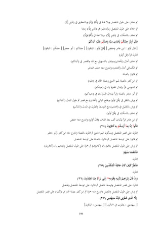 ‫ٍ‬
‫ِ ٍ َّ‬
‫ٍب خلف على طوؿ ادلنفصل وبال غنة ُب (أُمة وإِنَّا) وبالتحقيق ُب (نََير إِال)‬
‫َّ َ‬
‫ِ ٍ َّ‬
‫ٍب خالد على طوؿ ادلنفصل وبالتحقيق ُب (نََير إِال) وبغنة‬

‫ٍ‬
‫ِ ٍ َّ‬
‫ٍب خلف بالسكت ُب (نََير إِال) وبال غنة ُب (أُمة وإِنَّا)‬
‫َّ َ‬
‫ِ‬
‫ِ‬
‫ِ‬
‫قَاؿ أَولَو ج ْئتُكم بِأَىدى مما وجدتُم علَْيو َبَاءكم‬
‫َ َْ‬
‫ُ ْ ْ َ َّ َ َ ْ ْ َ آ َ ُ ْ‬
‫[ قاؿ أولو : ابن عامر وحفص ] [قل أولَو : الباقوف] [ جئناكم : أبو جعفر] [ جئتكم : الباقوف]‬
‫ْ َ‬
‫َ‬
‫قالوف قرأ (قل أولو)‬

‫ٍب خلف أماؿ (بأىدى) ووقف بالتسهيل مع ادلد والقصر ُب (آباءكم)‬
‫ٍب الكسائي أماؿ (أىدى) و ج معو خلف العاشر‬
‫اندر‬
‫ٍب قالوف بالصلة‬
‫ٍب ابن كثَت بالصلة دليم اجلمع وبصلة اذلاء ُب (عليو)‬
‫ٍب السوسي قرأ بإبداؿ اذلمزة ياء ُب (جيتكم)‬
‫ٍب أبو جعفر بالصلة وقرأ بإبداؿ اذلمزة ياء ُب (جيناكم)‬
‫ٍب ورش بالنقل ُب (قُل اولَو) وبفتح اليائي (أىدى) مع قصر ٍب طوؿ البدؿ (آباءكم)‬
‫َ َ‬
‫ٍب ورش بالتقليل ُب (أىدى) مع التوسط والطوؿ ُب البدؿ (آباءكم)‬

‫ٍب خلف بالسكت ُب (قُل أولَو)‬
‫ْ َ‬

‫ٍب ابن عامر قرأ بإثبات ألف بعد القاؼ (قاؿ أولو) و ج معو حفص‬
‫َ َ اندر‬
‫قَالُوآ إِنَّا بِمآ أُرسلْتُم بِو كافِروف (ٕٗ)‬
‫َ ِْ ْ ِ َ ُ َ‬
‫قالوف على قصر ادلنفصل وبسكوف ميم اجلمع ٍب قالوف بالصلة و ج معو ابن كثَت وأبو جعفر‬
‫اندر‬
‫ٍب قالوف على توسط ادلنفصل ٍب قالوف بالصلة على توسط ادلنفصل‬
‫ٍب ورش على طوؿ ادلنفصل بًتقيق راء (كافروف) ٍب ْحزة على طوؿ ادلنفصل وتفخيم راء (كافروف)‬
‫ِ‬
‫فَانْػتَػقمنَا م ْنػهم‬
‫َْ ُ ْ‬
‫قالوف‬
‫فَانْظُر ك ْيف كاف عاقِبَةُ الْمكذبِين (ٕ٘)‬
‫ْ َ َ َ َ َ‬
‫ُ َ ّْ َ‬
‫قالوف‬
‫ْ َ ِ ِ ِ ِِ‬
‫وإِذ قَاؿ إِبْػراىيم ْلَبِيو وقَػومو~ إِنَّنِي بَػرآ ٌ مما تَػعبُدوف (ٕٙ)‬
‫َ ء ِ َّ ْ ُ َ‬
‫َ ْ‬
‫َ‬
‫َ ُ‬
‫قالوف على قصر ادلنفصل وتوسط ادلتصل ٍب قالوف على توسط ادلنفصل وادلتصل‬
‫ٍب ورش على طوؿ ادلنفصل وادلتصل و ج معو ْحزة ٍب ابن كثَت بصلة اذلاء ُب (ألبيو) على قصر ادلنفصل‬
‫اندر‬
‫َّ ِ‬
‫َ ِْ ِ‬
‫إَِل الَّذي فَطَرنِي فَِإنَّوُ سيَػهدين (ٕٚ)‬
‫َ‬
‫[ سيهديٍت : يعقوب ُب احلالُت ] [ سيهدين : الباقوف]‬
‫691‬

 