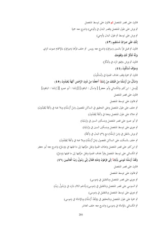 ‫قالوف على قصر ادلنفصل ثم قالوف على توسط ادلنفصل‬
‫ٍب ورش على طوؿ ادلنفصل وقصر البدؿ ُب (أوحي) و ج معو ْحزة‬
‫اندر‬
‫ٍب ورش على توسط ٍب طوؿ البدؿ (أوحي)‬
‫َ َ َِ ٍ ُ ْ ِ ٍ‬
‫إِنَّك علَى صراط مستَقيم (ٖٗ)‬
‫ِ ٍ‬
‫قالوف ٍب قنبل قرأ بالسُت (سراط) و ج معو رويس ٍب خلف قرأىا (صراط) باإلمشاـ صوت الزاي‬
‫ِ َ ٍ اندر‬
‫َ‬
‫وإِنَّوُ لَذكر لَك ولِقومك‬
‫َ ٌِْ َ َ َِْ َ‬
‫ِ‬
‫قالوف ٍب ورش بًتقيق الراء ُب (لََكر)‬
‫ٌْ‬
‫وسوؼ تُسأَلُوف (ٗٗ)‬
‫َ َْ َ ْ َ‬

‫قالوف ٍب ْحزة وقف (َؼ اذلمزة ُب (تُسالُوف)‬
‫َ َ‬
‫واسأَؿ من أَرسلْنَا من قَػ ْبلِك من رسلِنَآ أَجعلْنَا من دوف الرحمن َلِهةً يُػعبَدوف (٘ٗ)‬
‫َ ْ ْ َ ْ ْ َ ِ ْ َ ِ ْ ُ ُ َ َ ِ ْ ُ ِ َّ ْ َ ِ آ َ ْ ُ َ‬
‫[وسل : ابن كثَت والكسائي وأبو جعفر] [ واسأؿ : الباقوف] [رسلنا : أبو عمرو ][ رسلنا : الباقوف]‬
‫ُْ‬
‫ُُ‬
‫قالوف على قصر ادلنفصل‬

‫ٍب قالوف على توسط ادلنفصل‬

‫ٍب خلف على طوؿ ادلنفصل وعلى التحقيق ُب الساكن ادلفصوؿ (من أَرس ْلنَا) وبال غنة ُب (آَذلَةً يػُعبَدوف)‬
‫ِ ُْ َ‬
‫َْ َْ‬
‫ٍب خالد على طوؿ ادلنفصل وبغنة ُب (آَذلَةً يػُعبَدوف)‬
‫ِ ُْ َ‬
‫ٍب أبو عمرو على قصر ادلنفصل وبتسكُت السُت ُب (رسلِنَا)‬
‫ُْ‬
‫ٍب دوري على توسط ادلنفصل وبتسكُت السُت ُب (رسلِنَا)‬
‫ُْ‬
‫ِ‬
‫ٍب ورش بالنقل ُب (من ارس ْلنَا) مع (ٖ) البدؿ ُب (آَذلَةً)‬
‫ََ َْ‬
‫ٍب خلف بالسكت على الساكن ادلفصوؿ (من أَرس ْلنَا) وبال غنة ُب (آَذلَةً يػُعبَدوف)‬
‫ِ ُْ َ‬
‫َْ َْ‬
‫ٍب ابن كثَت على قصر ادلنفصل و(َؼ اذلمزة ونقل كتها إَل ما قبلها ُب (وسل) و ج معو أبو جعفر‬
‫َ َ ْ اندر‬
‫حر‬

‫ٍب الكسائي على توسط ادلنفصل وقرأ (َؼ اذلمزة ونقل كتها إَل ما قبلها (وسل)‬
‫حر‬
‫ََْ‬
‫ِ‬
‫ولَقد أَرسلْنَا موسى بَِيَاتِنَآ إِلَى فِرعوف وملَئِو فَػقاؿ إِنّْي رسوؿ رب الْعالَمين (ٙٗ)‬
‫َ َْ َْ ُ َ آ‬
‫ْ َْ َ ََ ِ َ َ‬
‫َ ُ ُ َ ّْ َ َ‬
‫قالوف على قصر ادلنفصل‬
‫ٍب قالوف على توسط ادلنفصل‬
‫ٍب دوري على قصر ادلنفصل وبالتقليل ُب (موسى)‬

‫ٍب السوسي على قصر ادلنفصل وبالتقليل ُب (موسى) وأدغم الالـ بالراء ُب (رسوؿ رب)‬
‫َ ُ ُ َ ّْ‬
‫ٍب دوري على توسط ادلنفصل وبالتقليل ُب (موسى)‬

‫ٍب ْحزة على طوؿ ادلنفصل وبالتحقيق ُب (ولَقد أَرس ْلنَا) وباإلمالة ُب (موسى)‬
‫َ َْ ْ َ‬
‫ٍب الكسائي باإلمالة ُب (موسى) و ج معو خلف العاشر‬
‫اندر‬

‫102‬

 