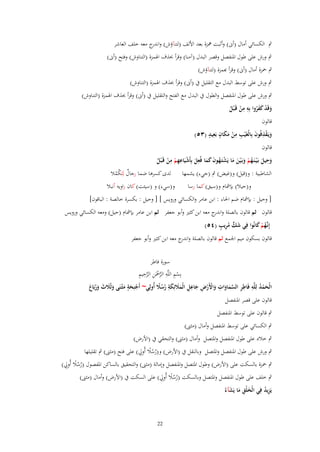 ‫ٍب الكسائي أماؿ (أىن) وأثبت علزة بعد األلف (لتن)ؤش) و ج معو خلف العاشر‬
‫اندر‬
‫ٍب ورش على طوؿ ادلنفصل وقصر البدؿ (آمنا) وقرأ (َؼ اذلمزة (التناوش) وفتح (أىن)‬
‫ٍب ْحزة أماؿ (أىن) وقرأ ِبمزة (لتن)ؤش)‬
‫ٍب ورش على توسط البدؿ مع التقليل ُب (أىن) وقرأ (َؼ اذلمزة (التناوش)‬
‫ٍب ورش على طوؿ ا دلنفصل والطوؿ ُب البدؿ مع الفتح والتقليل ُب (أىن) وقرأ (َؼ اذلمزة (التناوش)‬
‫ْ ََ ِ ِ‬
‫وقَد كفروا بِو من قَػ ْبل‬
‫َ‬
‫ُ‬
‫ْ ُ‬
‫قالوف‬
‫ِ ِ َ ٍ ٍِ‬
‫ويَػقذفُوف بِالْغَْيب من مكاف بَعيد (ٖ٘)‬
‫َ ِْ َ‬
‫ْ َ‬
‫قالوف‬
‫ِِ ِ‬
‫ِ‬
‫ِ‬
‫وحيل بَػ ْيػنَػهم وبَػ ْين ما يَشتَػهوف كما فُعل بِأَشيَاعهم من قَػ ْبل‬
‫َ َ ُ ْ َ َ َ ْ ُ َ ََ َ ْ ْ ْ ُ‬
‫الشاطبية : و(قيل) و(غيض) ٍب (جيء) يشمها لدى كسرىا ضما رجاؿ لِتَ ْمال‬
‫ٌ كُ‬
‫و(حيال) بإمشاـ و(سيق) كما رسا‬

‫و(سيء) و (سيئت) كاف راويو أنبال‬

‫[ وحيل : بإمشاـ ضم احلاء : ابن عامر والكسائي ورويس ] [ وحيل : بكسرة خالصة : الباقوف]‬
‫قالوف ثم قالوف بالصلة و ج معو ابن كثَت وأبو جعفر ثم ابن عامر بإمشاـ (حيل) ومعو الكسائي ورويس‬
‫اندر‬
‫َ ٍّ ُ ِ ٍ‬
‫إِنَّهم كانُوا فِي شك مريب (ٗ٘)‬
‫ػُ ْ َ‬
‫قالوف بسكوف ميم اجلمع ثم قالوف بالصلة و ج معو ابن كثَت وأبو جعفر‬
‫اندر‬
‫سورة فاطر‬
‫ْ ِ ِ َّ ْ ِ َّ ِ ِ‬
‫بِسم اللَّو الرْحَن الرحيم‬
‫الْحمد لِلَّو فَاطر السماوات واْلَرض جاعل الْمَلئِكة رسَل أُولِي~ أَجنِحة مثْػنَى وثَُلث وربَاع‬
‫َ ْ ُ ِ ِ ِ َّ َ َ ِ َ ْ ْ ِ َ ِ ِ َ َ َ ِ ُ ُ ً‬
‫ْ ٍَ َ َ َ َ َُ َ‬
‫قالوف على قصر ادلنفصل‬

‫ٍب قالوف على توسط ادلنفصل‬
‫ٍب الكسائي على توسط ادلنفصل وأماؿ (مثٌت)‬
‫ٍب خالد على طوؿ ادلنفصل وادلتصل وأماؿ (مثٌت) والتحقي ُب (األرض)‬
‫ُ ًُ ِ‬
‫ٍب ورش على طوؿ ادلنفصل وادلتصل وبالنقل ُب (األرض) و(رسال أُوِل) على فتح (مثٌت) ٍب تقليلها‬

‫ُ ًُ ِ‬
‫ٍب ْحزة بالسكت على (األرض) وطوؿ ادلتصل وادلنفصل وإمالة (مثٌت) والتحقيق بالساكن ادلفصوؿ (رسال أُوِل)‬

‫ُ ًُ ِ‬
‫ٍب خلف على طوؿ ادلنفصل وادلتصل وبالسكت (رسال أُوِل) على السكت ُب (األرض) وأماؿ (مثٌت)‬
‫ُِ ِ َ ِ َ َ‬
‫يَزيد في الْخلْق ما يَشآءُ‬

‫22‬

 