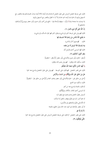 ‫قالوف على توسط ادلتصل ٍب ورش على طوؿ ادلتصل ٍب ىشاـ (٘) أوجو ثالثة أوجػو إبػداؿ اذلمػزة والتوسػط والقصػر مػع‬
‫التسهيل والروـ ٍب ْحزة (٘) أوجو ضلو ىشاـ إال أف لو الطوؿ والقصر مع التسهيل والروـ‬
‫َ َّ‬
‫إذا وصػػلت مبػػا بعػػدىا (يَش ػ)ءُ إِف) : سػػهلها وأبػػدذلا واوا : نػػافع وابػػن كثػػَت وأبػػو عمػػرو وأبػػو جعفػػر ورويػػس] [ والبػػاقوف‬
‫بالتحقيق ]‬
‫َ ُ ّْ َ ٍ ِ‬
‫َّ‬
‫إِف اللَّوَ علَى كل شيء قَدير (ٔ)‬
‫ٌ‬
‫ْ‬
‫قالوف ثم ورش على توسط اللُت ُب (شيء) وطوؿ اللُت ثم ْحزة بالسكت ُب (شيء)‬
‫ِ‬
‫ِ‬
‫ٍ‬
‫ما يَػفتَح اللَّوُ لِلنَّاس من رحمة فََل ممسك لَها‬
‫َ ْ ِ‬
‫ِ ْ َْ َ َ ُْ َ َ‬
‫قالوف ثم دوري أماؿ (الناس)‬
‫وما يمسك فََل مرسل لَو من بػعدهِ‬
‫ِ ِ‬
‫ِ‬
‫ِ‬
‫َ َ ُْ ْ َ ُْ َ ُ ْ َ ْ‬
‫ِ‬
‫قالوف ثم السوسي أدغم (م ْرسل لَوُ)‬
‫ُ َ‬
‫ِ‬
‫وىو الْعزيز الْحكيم (ٕ)‬
‫َ َُ َِ ُ َ ُ‬
‫[ وىو : قالوف وأبو عمرو والكسائي وأبو جعفر ] [ وىو : الباقوف]‬
‫ُ‬
‫َ َ‬
‫قالوف بسكوف اذلاء (وىو) ثم ورش بضم اذلاء (وىو)‬
‫ْ‬
‫ُ‬
‫ِ‬
‫يَآ أَيُّػها النَّاس اذْكروا نِعمةَ اللَّو علَْيكم‬
‫َ‬
‫َ ُْ‬
‫ُ ُُ ْ َ‬
‫قالوف على قصر ادلنفصل ثم قالوف على التوسط ثم ورش على طوؿ ادلنفصل و ج معو ْحزة‬
‫اندر‬
‫َ ْ ِ ْ َ ٍ ُ ِ ْ ُ ُ ْ ِ َ َّ َ ِ َ ْ ْ ِ‬
‫ىل من خالِق غَْيػر اللَّو يَػرزقُكم من السمآء واْلَرض‬
‫ِ‬
‫[ ىل من خالق غَت : ْحزة والكسائي وأبو جعفر وخلف العاشر ] [ ىل من خالق غَت : الباقوف]‬
‫ُ‬
‫قالوف بسكوف ميم اجلمع‬

‫ٍب قالوف بالصلة و ج معو ابن كثَت‬
‫اندر‬
‫ٍب السوسي أدغم القاؼ بالكاؼ (يػَْرزقُكم)‬
‫ُ ُْ‬

‫ٍب ورش بطوؿ ادلتصل وضم (غَت) مع ترقيق الراء‬
‫َ ِْ‬
‫ٍب ْحزة كسر الراء ُب (غَت) ووقف بالنقل ٍب السكت‬
‫َ ِْ‬
‫ٍب الكسائي (غَت) والتحقيق ُب (األرض)‬

‫ِْ َ ٍ‬
‫ٍب أبو جعفر باإلخفاء ُب النوف عند اخلاء (من خالِق) بالصلة‬

‫ْل إِلَوَ إَِل ىو‬
‫َ‬
‫َّ ُ َ‬
‫قالوف على قصر ادلنفصل ٍب قالوف على توسط ادلنفصل ٍب ورش على طوؿ ادلنفصل و ج معو ْحزة‬
‫اندر‬
‫فَأَنَّى تُػؤفَكوف (ٖ)‬
‫ْ ُ َ‬

‫32‬

 