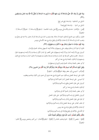 ‫ِ‬
‫َّ َ ْ َ ِ َ ّّ َ َّ َ َ َ َ َ ْ َ ْ ِ َ َّ َ ْ ُّ َّ‬
‫وإِذَا قِيل إِف وعد اللَّو حق والساعةُ َل ريْب فِيها قُػلْتُم ما نَدري مػا السػاعةُ إِف نَظُػن إَِل ظَنِّػا ومػا نَحػن بِمسػتَػ ْيقنِين‬
‫َ‬
‫ََ ْ ُ ُ ْ‬
‫َ‬
‫َ‬
‫(ٕٖ)‬
‫الدليل من الشاطبية : والساعة ارفع غَت ْحزة‬
‫الدليل من الدرة : والساعة الرفع فصال‬
‫[قي ػػل : باإلمش ػػاـ : ىش ػػاـ والكس ػػائي وروي ػػس][ قي ػػل بالي ػػاء اخلالص ػػة : الب ػػاقوف][ والس ػػاعةَ ال : ْح ػػزة] [ الس ػػاعةُ ال :‬
‫الباقوف]‬
‫قػػالوف بسػػكوف مػػيم اجلمػػع ٍب قػػالوف الصػػلة ٍب خػػالد بغنػػة ونصػػب التػػاء ُب (السػػاعةَ ال) ٍب خلػػف بػػال غنػػة ُب (حػػق و)‬
‫ٌَ‬
‫ونصب التاء ُب (الساعةَ ال) ٍب ىشاـ باإلمشاـ ُب (قيل) و ج معو الكسائي ورويس‬
‫اندر‬
‫وبَدا لَهم سيّْئَات ما عملُوا وحاؽ بِهم ما كانُوا بِو يَستَػهزئُوف (ٖٖ)‬
‫َ َ ُ ْ َ ُ َ َِ َ َ َ ِ ْ َ َ ِ ْ ْ ِ َ‬
‫قالوف ٍب ْحزة أماؿ (حاؽ) ووقف على (يسهزؤف) بثالثة أوجو التسهيل وحَؼ اذلمزة واإلبداؿ‬
‫ٍب ورش مع (ٖ) أوجو البدؿ و(ٖ) أوجو (يسهزؤف) على القصر ُب البدؿ األوؿ (سيئات) (ٖ) أوجو (يستهزءوف طوؿ‬
‫توسػػط قصػػر) وعلػػى التوسػػط ُب البػػدؿ (سػػيئات) توسػػط وطػػوؿ (يسػػتهزءوف) ٍب طػػوؿ البػػدؿ (سػػيئات) مػػع طػػوؿ‬
‫(يستهزءوف) ٍب قالوف بالصلة و ج معو ابن كثَت‬
‫اندر‬
‫ٍب أبو جعفر بالصلة وحَؼ اذلمزة وضم الزاي ُب (يستهزوف)‬
‫ُ‬
‫ِ‬
‫ُ َ ِ‬
‫ِ ِ‬
‫وقِيل الْيَػوـ نَػ ْنساكم كما نَسيتُم لِقآء يَػومكم ىذا ومأْواكم النَّار وما لَكم من نَاصرين (ٖٗ)‬
‫ْ َ َ ْ ُ ْ َ َ ََ َ ُ ُ ُ ََ ُ ْ ْ ِ َ‬
‫َ َ َْ َ ْ َ‬
‫[ماواكم : السوسي وأبو جعفر ووقفا ْحزة][ومأواكم : الباقوف]‬

‫قالوف على توسط ادلتصل وبسكوف ميم اجلمع و ج معو دوري أيب عمرو وابن ذكواف وعاصم ويعقوب‬
‫اندر‬
‫ٍب السوسي على توسط ادلتصل أبدؿ اذلمزة ألفا ُب (ماواكم)‬
‫ٍب ورش على طوؿ ادلتصل وفتح (ننساكم) و(مأواكم)‬
‫ٍب قالوف بالصلة و ج معو ابن كثَت‬
‫اندر‬
‫ٍب أبو جعفر بالصلة وأبدؿ اذلمزة ألفا ُب (ماواكم)‬
‫ٍب ورش بالتقليل ُب (ننساكم) و(مأواكم) على طوؿ ادلتصل‬
‫ٍب ْحزة على طوؿ ادلتصل وأماؿ (ننساكم) و(مأواكم)‬
‫ٍب خلف العاشر على توسط ادلتصل وأماؿ (ننساكم) و(مأواكم)‬
‫ٍب ىشاـ باإلمشاـ ُب (قيل) و ج معو رويس‬
‫اندر‬
‫ٍب الكسائي باإلمشاـ ُب (قيل)واإلمالة ُب (ننساكم) و(مأواكم)‬
‫ُ َْ آ ِ ِ‬
‫ُّ‬
‫ذلِكم بِأَنَّكم اتَّخذتُم َيَات اللَّو ىزوا وغَرتْكم الْحيَاةُ الدنْػيَا‬
‫ُ ُ ً َ َّ ُ ُ َ‬
‫ْ‬
‫َ ُْ‬
‫ُ‬
‫[ى ػػزوا : حف ػػص ] [ى ػػزؤا : ْح ػػزة وخل ػػف العاش ػػر ] [ى ػػزؤا : الباقوف][اخت ػػًَب : اب ػػن كث ػػَت وحف ػػص وروي ػػس][ اخت ػػتّم :‬
‫ُ ًُ‬
‫ُ ًْ‬
‫ُ ًُ‬
‫الباقوف]‬

‫132‬

 