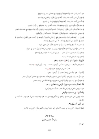 ‫قالوف أدغم الَاؿ بالتاء (أختًَب) وقرأ (ىزؤا) و ج معو ابن عامر وشعبة وروح‬
‫ُ ُ اندر‬

‫ٍب دوري أيب عمرو أدغم الَاؿ بالتاء (أختًَب) وقرأ (ىزؤا) وبالتقليل ُب (الدنيا)‬
‫ُُ‬
‫ٍب الكسائي أدغم الَاؿ بالتاء (أختًَب)وقرأ (ىزؤا) وباإلمالة ُب (الدنيا)‬
‫ُُ‬

‫ٍب خلف قرأ بسكوف الزاي (ى ْزؤا) وإدغاـ الَاؿ بالتاء (أختًَب) وبال غنة (ى ْزؤا و) وأماؿ (الدنيا)‬
‫ُ‬
‫ُ َ‬

‫ٍب خالد قرأ بسكوف الزاي (ى ْزؤا) وإدغاـ الَاؿ بالتاء (أختًَب) وبغنة (ى ْزؤا و) وأماؿ (الدنيا) و ج معو خلف العاشر‬
‫اندر‬
‫ُ‬
‫ُ َ‬
‫ٍب السوسي باإلدغاـ للهاء باذلاء (اللَّو ىزؤا) أدغم الَاؿ بالتاء (أختًَب) وقرأ (ىزؤا)‬
‫ِ ُ ًُ‬
‫ُُ‬
‫ٍب ورش (ٗ) أوجو قصر البدؿ (آيات) على فتح ُب اليائي (الػدنيا) ٍب التوسػط ُب (آيػات) علػى التقليػل ُب (الػدنيا) ٍب‬
‫الطوؿ ُب (أيات) على الفتح ُب (الدنيا) ٍب على التقليل ُب (الدنيا)‬
‫ٍب خلف بالسكت ُب (اختًَب آيات) وأماؿ (الدنيا) وقرأ بسكوف الزاي (ى ْزؤا)‬
‫ْ‬
‫ُ‬

‫ٍب حفص باإلظهار ُب (اختًَب) وقرأ (ىزوا) ٍب رويس قرأ باإلظهار ُب(اختًَب) وقرأ باذلمزة ُب (ىزؤا)‬
‫ُُ‬
‫ُُ‬
‫ٍب قالوف بالصلة و ج معو أبو جعفر‬
‫اندر‬

‫ثم ابن كثَت بالصلة واإلظهار ُب (اختًَب)‬

‫ٍب قالوف والصلة وعلى التوسط بالصلة‬
‫فَالْيَػوـ َل يُخرجوف م ْنػها وَل ىم يُستَػعتَبُوف (ٖ٘)‬
‫ْ َ َ ْ َ ُ َ ِ َ ََ ُ ْ ْ ْ َ‬
‫الشاطبية ُب األعراؼ : مع الزخرؼ اعكس (ختْرجوف) بفتحة‬
‫َُ‬

‫وضم وأوَل الروـ شافيو مثال‬

‫خبلف مضى ُب الروـ (ال ؼلرجوف) ُب رضا‬

‫[ؼلْرجوف : ْحزة والكسائي وخلف العاشر ] [ؼلْرجوف: الباقوف]‬
‫َُُ َ‬
‫َُُ َ‬

‫قالوف قرأ بضم الياء وفتح الراء (ؼلْرجوف) مبٍت للمجهوؿ ثم قالوف بالصلة و ج معو ابن كثَت وأبو جعفر‬
‫اندر‬
‫َُُ َ‬

‫ٍب ْحزة قرأ بفتح الياء والراء (ؼلْرجوف) مبٍت للمعلوـ و ج معو الكسائي وخلف العاشر‬
‫اندر‬
‫ََُ َ‬
‫ِ‬
‫ِ‬
‫ِ‬
‫فَلِلَّو الْحمد رب السماوات ورب اْلَرض رب الْعالَمين (ٖٙ)‬
‫َ ْ ُ َ ّْ َّ َ َ َ َ ّْ ْ ْ ِ َ ّْ َ َ‬
‫قالوف ٍب ورش بالنقل ُب (االَرض) ٍب خلف بالسكت ُب (األرض)‬
‫َ ِ ِ ِ َّ َ َ ِ َ ْ ْ ِ‬
‫ولَوُ الْك ْبريَآءُ في السماوات واْلَرض‬
‫قػػالوف ٍب ورش علػػى طػػوؿ ادلتصػػل وبالنقػػل ُب (األرض) وانػ ج معػػو ْحػػزة وقفػػا بوجػػو النقػػل ٍب ْحػػزة وقػػف بالسػػكت ُب‬
‫ػدر‬
‫(األرض)‬
‫ِ‬
‫وىو الْعزيز الْحكيم (ٖٚ)‬
‫َ َُ َِ ُ َ ُ‬
‫قالوف قرأ (وىو) و ج معو أبو عمرو والكسائي وأبو جعفر ٍب ورش بالضم (وىو) و ج معو الباقوف‬
‫ُ اندر‬
‫ْ اندر‬

‫حم (ٔ)‬

‫سورة اْلحقاؼ‬
‫ْ ِ ِ َّ ْ َ ِ َّ ِ ِ‬
‫بِسم اللَّو الرحمن الرحيم‬

‫232‬

 