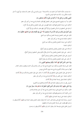 ‫ِ‬
‫ إذا وصػػلت باآليػػة التاليػػة أبػػدؿ اذلمػػزة يػػاء سػػاكنة وصػػال : ورش والسوسػػي وأبػػو جعفػػر (السػػماوات ي تُػػوِن) أمػػا ُب‬‫ْ‬
‫االبتداء فالكل بياء ساكنة بعد علزة الوصل مكسورة .‬
‫ِ ِ‬
‫ِ ِ‬
‫ِ‬
‫اِئْػتُونِي بِكتَاب من قَػ ْبل ىذآ أَو أَثَارةٍ من علْم إِف ك ْنتُم صادقِين (ٗ)‬
‫ٍ ْ ِ ََ ْ َ ْ ٍ ْ ُ ْ َ َ‬
‫قالوف يبدأ بياء (اِيتوِن) للجميع وعلى قصر ادلنفصل ثم قالوف بالصلة و ج معو ابن كثَت وأبو جعفر‬
‫اندر‬
‫ٍب قالوف على توسط ادلنفصل ثم قالوف بالصلة ثم ورش على طوؿ ادلنفصل وبالنقل ُب (أَو اَثَارةٍ )‬
‫َ َ‬

‫ٍب ْحزة على التحقيق ُب الساكن ادلفصوؿ ُب (أَو أَثَارةٍ ) ثم خلف بالسكت ُب (أَو أَثَارةٍ )‬
‫ْ َ‬
‫ْ َ‬
‫ومن أَضل ممن يدعو من دوف اللَّو من َل يستجيب لَو~ إِلَى يػوِ‬
‫ِ‬
‫ِ‬
‫ِ ِ‬
‫َ ْ ـ الْقيَامة وىم عن دعآئِهم غَافِلُوف (٘)‬
‫َ‬
‫َ َ ْ َ ُّ َّ ْ َ ْ ُ ْ ُ ِ ِ َ ْ َ َ ْ َ ِ ُ ُ‬
‫َ َُ ْ َ ْ َُ ِ ْ‬
‫قالوف على قصر ادلنفصل وتوسط ادلتصل وبسكوف ميم اجلمع‬
‫ٍب قالوف بالصلة و ج معو ابن كثَت وأبو جعفر‬
‫اندر‬
‫ٍب قالوف على توسط ادلنفصل وادلتصل وبسكوف ميم اجلمع‬
‫ٍب قالوف بالصلة‬
‫ٍب خالد على طوؿ ادلنفصل وادلتصل والتحقيق ُب (ومن أَضل)‬
‫َ َ ْ َ ُّ‬
‫ٍب خلف على طوؿ ادلنفصل وادلتصل وبال غنة ُب (ِشلَّن يَدعو) وعلى التحقيق ُب (ومن أَضل)‬
‫َ َ ْ َ ُّ‬
‫ْ ُْ‬
‫ٍب ورش على طوؿ ادلنفصل وادلتصل وبالنقل ُب (ومن أَضل)‬
‫َ َ ْ َ ُّ‬

‫ٍب خلف على طوؿ ادلنفصل وادلتصل وبالسكت ُب (ومن أَضل)‬
‫َ َ ْ َ ُّ‬
‫ِ‬
‫ْ َ وَ ِ‬
‫وإِذَا حشر النَّاس كانُوا لَهم أَعدآء َكانُوا بِعبَادتِهم كافِرين (ٙ)‬
‫ُ َ ُْ‬
‫َِْ َ ِ َ‬
‫ً‬
‫َ ُ َ‬
‫قالوف على توسط ادلتصل وبسكوف ميم اجلمع و ج معو ابن عامر وعاصم وأبو احلارث ويعقوب وخلف العاشر‬
‫اندر‬
‫ثم أبو عمرو بإمالة (كافرين) و ج معو دوري الكسائي ورويس‬
‫اندر‬
‫ٍب ْحزة على طوؿ ادلتصل وعلى التحقيق ُب (ذلُم أَعداءً) ٍب خلف على طوؿ ادلتصل وبالسكت ُب (ذلُم أَعداءً)‬
‫َ ْ َْ‬
‫َ ْ َْ‬
‫ٍب قالوف بالصلة على القصر ُب (ذلُم أَعداءً) و ج معو ابن كثَت وأبو جعفر‬
‫َ ْ ْ َ اندر‬

‫ٍب قالوف بالصلة وعلى توسط الصلة ُب (ذلُم أَعداءً)‬
‫َ ْ َْ‬
‫ٍب ورش رقق راء (حشر) وبطوؿ الصلة ُب (ذلُم أَعداءً) وبالتقليل ُب (كافرين)‬
‫َ ْ َْ‬
‫ٍ َ ِ‬
‫ِ‬
‫وإِذَا تُػ ْتػلَى علَْيهم َيَاتُػنَا بَػيّْػنَات قَاؿ الَّذين كفروا لِلْحق لَما جآءىم ىذا سحر مبِين (ٚ)‬
‫َ ِْآ‬
‫َ َ َ ُ َ ّْ َّ َ َ ُ ْ َ َ ْ ٌ ُ ٌ‬
‫َ‬
‫قالوف بسكوف ميم اجلمع وعلى توسط ادلتصل و ج معو أبو عمرو وىشاـ وعاصم‬
‫اندر‬
‫ٍب ابن ذكواف أماؿ (جاءىم) ثم قالوف بالصلة و ج معو ابن كثَت وأبو جعفر‬
‫اندر‬

‫ِ‬
‫ٍب قالوف بالصلة على توسط الصلة ُب (علَْيهم آَيَاتُػنَا)‬
‫َ ْ‬
‫ِ‬
‫ٍب ورش ب(ٗ) أوجو فتح تتلى وعليو قصر البدؿ آياتنا وطولػو وطػوؿ ادلتصػل وطػوؿ الصػلة ُب (علَػيهم آَيَاتُػنَػا) ورقػق راء‬
‫َْ ْ‬
‫(سحر) ثم يعقوب على توسط ادلتصل وضم ىاء (عليهم)‬
‫ُ‬
‫ِ‬
‫ٍب ورش تقليل (تتلى) وتوسط البدؿ وطوؿ البدؿ ُب (علَْيهم آَيَاتُػنَا) ورقق راء (سحر)‬
‫َ ْ‬
‫432‬

 