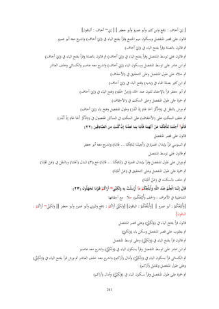 ‫[ إِنَ أخاؼ : نافع وابن كثَت وأبو عمرو وأبو جعفر ] [ إِن~ أخاؼ : ألباقوف]‬

‫قالوف على قصر ادلنفصل وبسكوف ميم اجلمع وقرأ بفتح الياء ُب (إِنَ أخاؼ) و ج معو أبو عمرو‬
‫اندر‬

‫ٍب قالوف بالصلة وقرأ بفتح الياء ُب (إِنَ أخاؼ)‬

‫ٍب قالوف على توسط ادلنفصل وقرأ بفتح الياء ُب (إِنَ أخاؼ) ٍب قالوف بالصلة وقرأ بفتح الياء ُب (إِنَ أخاؼ)‬

‫ٍب ابن عامر على توسط ادلنفصل وبسكوف الياء (إِن أخاؼ) و ج معو عاصم والكسائي وخلف العاشر‬
‫اندر‬
‫ٍب خالد على طوؿ ادلنفصل وعلى التحقيق ُب (األحقاؼ)‬

‫ٍب ابن كثَت بصلة اذلاء ُب (يديو) وفتح الياء ُب (إِنَ أخاؼ)‬
‫ِِ‬
‫ِ‬
‫ٍب أبو جعفر قرأ باإلخفاء للنوف عند اخلاء (ومن خ ْلفو) وفتح الياء ُب (إِنَ أخاؼ)‬
‫َ ْ َ‬
‫ٍب ْحزة على طوؿ ادلنفصل وعلى السكت ُب (األحقاؼ)‬
‫ٍ‬
‫ٍب ورش بالنقل ُب (واذْكر اَخا عاد إِذَ اَنَْر) وطوؿ ادلنفصل وفتح ياء (إِنَ أخاؼ)‬
‫َ َُ َ َ‬
‫ََ‬
‫ٍ‬
‫ٍب خلف السكت على (األحقاؼ) على السكت ُب الساكن ادلفصوؿ ُب (واذْك ْر أَخا عاد إِذ أَنَْر)‬
‫َ ُ َ َ ْ ََ‬
‫ِ‬
‫ِ‬
‫ِ‬
‫ِ‬
‫قَالُوآ أَج ْئتَػنَا لِتَأْفِكنَا عن َلِهتِنَا فَأْتِنَا بِما تَعدنَا إِف ك ْنت من الصادقِين (ٕٕ)‬
‫َ َْ آَ‬
‫َ ُ ْ ُ َ َ َّ َ‬
‫قالوف على قصر ادلنفصل‬
‫ِ‬
‫ٍب السوسي قرأ بإبداؿ اذلمزة ُب (أَجيتَػنَا لِتَافِكنَا… فَاتِنَا) و ج معو أبو جعفر‬
‫اندر‬
‫َ‬
‫ٍب قالوف على توسط ادلنفصل‬
‫ِ‬
‫ٍب ورش على طوؿ ادلنفصل وقرأ بإبداؿ اذلمزة ُب (لِتَافِكنَا… فَاتِنَا) مع (ٖ) البدؿ (آذلتنا) وبالنقل ُب (عن اَذلَتِنَا)‬
‫َ‬
‫ََ‬
‫ِ‬
‫ٍب ْحزة على طوؿ ادلنفصل وعلى التحقيق ُب (عن آَذلَتِنَا)‬
‫َْ‬
‫ِ‬
‫ٍب خلف بالسكت ُب (عن آَذلَتِنَا)‬
‫َْ‬
‫ِ ُ ِ ِ‬
‫ِ َِ ِ‬
‫قَاؿ إِنَّما الْعلْم ع ْند اللَّو وأُبَػلّْغُكم مآ أُرسلْت بِو ولَكنّْي~ أَراكم قَػوما تَجهلُوف (ٖٕ)‬
‫َ ُ ْ ًْ َْ َ‬
‫َ ُْ َ ْ‬
‫َ‬
‫َ َ‬
‫ُ‬
‫الشاطبية ُب األعراؼ : واخلف (أُبْلِغُكم) حال مع أحقافها‬
‫ُ‬
‫ِ‬
‫ِ‬
‫[وأُبْلِغُكم : أبو عمرو ] [وأُبػَلّْغُكم : الباقوف] [ولَكٍت أَراكم : نافع والبزي وأبو عمرو وأبو جعفػر ][ ولَكػٍت~ أَراكػم :‬
‫َ ّْ َ ُ ْ‬
‫َ َّْ َ ُ ْ‬
‫َ ُْ‬
‫َ ُْ‬
‫الباقوف]‬
‫ِ‬
‫قالوف قرأ بفتح الياء ُب (ولَكٍت) وعلى قصر ادلنفصل‬
‫َ َّْ‬
‫ٍب يعقوب على قصر ادلنفصل وسكن ياء (ولكٍت)‬
‫ْ‬
‫ِ‬
‫ٍب قالوف قرأ بفتح الياء ُب (ولَكٍت) وعلى توسط ادلنفصل‬
‫َ َّْ‬
‫ٍب ابن عامر على توسط ادلنفصل وقرأ بسكوف الياء ُب (ولَكٍت) و ج معو عاصم‬
‫َ ِ ّْ ْ اندر‬
‫ِ‬
‫ِ‬
‫ٍب الكسائي قرأ بسكوف الياء ُب (ولَكٍت) وأماؿ (أراكػم) وان ج معػو خلػف العاشػر ٍب ورش قػرأ بفػتح اليػاء ُب (ولَكػٍت)‬
‫ػدر‬
‫َ ّْ ْ‬
‫َ َّْ‬
‫وعلى طوؿ ادلنفصل وتقليل (أراكم)‬
‫ِ‬
‫ٍب ْحزة على طوؿ ادلنفصل وقرأ بسكوف الياء ُب (ولَكٍت) وأماؿ (أراكم)‬
‫َ ّْ ْ‬
‫142‬

 