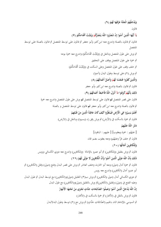 ‫ِ‬
‫ويُدخلُهم الْجنَّةَ عرفَػها لَهم (ٙ)‬
‫َ ْ ُ ُ َ َ َّ َ ُ ْ‬
‫قالوف‬

‫ػ ِ‬
‫يَآ أَيُّها الَّذين َمنُوا إِف تَػ ْنصروا اللَّوَ يَػ ْنص ْكم ويُػثَبّْت أَقْدامكم (ٚ)‬
‫َ‬
‫ُرُ ْ َ ْ َ َ ُ ْ‬
‫َ آَ ْ ُُ‬

‫قػػالوف ٍب قػػالوف بالصػػلة وانػ ج معػػو ابػػن كثػػَت وأبػػو جعفػػر ٍب قػػالوف علػػى توسػػط ادلنفصػػل ٍب قػػالوف بالصػػلة علػػى توسػػط‬
‫ػدر‬
‫ادلنفصل‬
‫ٍب ورش على طوؿ ادلنفصل وبالنقل ُب (ويػُثَبّْت اَقْدامكم) و ج معو ْحزة بوجو‬
‫َ َ َ َ ُ ْ اندر‬

‫ٍب ْحزة على طوؿ ادلنفصل ووقف على التحقيق‬

‫ٍب خلف وقف على طوؿ ادلنفصل وعلى السكت ُب (ويػُثَبّْت أَقْدامكم)‬
‫َ ْ َ َُْ‬

‫ٍب ورش (ٕ) على توسط وطوؿ البدؿ (آمنوا)‬
‫ِ‬
‫والَّذين كفروا فَػتَػعسا لَهم وأَضل أَعمالَهم (ٛ)‬
‫َ َ َ َ ُ ْ ً ُ ْ َ َ َّ ْ َ ُ ْ‬
‫قالوف ٍب قالوف بالصلة و ج معو ابن كثَت وأبو جعفر‬
‫اندر‬
‫ذلِك بِأَنَّهم كرىوا مآ أَنْػزؿ اللَّوُ فَأَحبَط أَعمالَهم (ٜ)‬
‫َ َ ػ ُ ْ َ ُِ َ َ َ‬
‫ْ َ َْ ُ ْ‬
‫قالوف على قصر ادلنفصل ثم قالوف على توسط ادلنفصل ثم ورش على طوؿ ادلنفصل و ج معو ْحزة‬
‫اندر‬
‫ٍب قالوف بالصلة و ج معو ابن كثَت وأبو جعفر ثم قالوف على توسط ادلنفصل و بالصلة‬
‫اندر‬
‫ِ ِ‬
‫ِ‬
‫ْْ ِ‬
‫أَفَػلَم يَسيروا فِي اْلَرض فَػيَػ ْنظُروا ك ْيف كاف عاقِبَةُ الَّذين من قَػ ْبلِهم‬
‫ُ َ َ َ َ َ‬
‫َ ْ ِْ‬
‫ْ ُ‬
‫قالوف ٍب ْحزة بالسكت ُب (األرض) ٍب ورش رقق راء (يسَتوا) وبالنقل ُب (االرض)‬
‫دمر اللَّوُ علَْيهم‬
‫َ ِْ‬
‫َ َّ َ‬
‫ِ‬
‫[ عليهم : ْحزة ويعقوب] [ عليهم : الباقوف]‬
‫ُ‬

‫قالوف ٍب خلف قرأ (عليهم) ومعو يعقوب بضم اذلاء‬
‫ُ‬
‫ولِلكافِرين أَمثَالُها (ٓٔ)‬
‫َ َْ ِ َ ْ َ‬
‫قالوف ٍب ورش بتقليل (وللكافرين) ٍب أبو عمرو باإلمالة (وللكافرين) و ج معو دوري الكسائي ورويس‬
‫اندر‬
‫ِ‬
‫َ َّ‬
‫ذَلِك بِأَف اللَّوَ مولَى الَّذين َمنُوا وأَف الْكافِرين َل مولَى لَهم (ٔٔ)‬
‫َْ‬
‫َ آ َ َ َّ َ ِ َ َ َ ْ ُ ْ‬
‫قالوف ٍب ْحزة أماؿ (موَل) ومعو أبو احلارث وخلف العاشر ٍب ورش على قصر البػدؿ وفػتح (مػوَل) وقلػل (الكػافرين) ٍب‬
‫أبو عمرو أماؿ (الكافرين) و ج معو رويس‬
‫اندر‬
‫ٍب دوري الكسائي أمػاؿ (مػوَل والكػافرين) ٍب ورش ب(ٖ) التقليػل (موَل)و(الكػافرين) مػع توسػط البػدؿ ٍب طػوؿ البػدؿ‬
‫وعليو الفتح ُب (موَل) وتقليل (الكافرين)ٍب ورش بالتقليل (موَل)و(الكافرين) مع طوؿ البدؿ‬
‫ِ‬
‫ِ ِ‬
‫ٍ‬
‫ِ‬
‫َِ‬
‫َّ‬
‫إِف اللَّوَ يُدخل الَّذين َمنُوا وعملُوا الصالِحات جنَّات تَجري من تَحتِها اْلَنْػهار‬
‫َّ َ َ‬
‫ِْ ْ ْ َ ْ َ ُ‬
‫ْ ُ َ آَ َ‬
‫قالوف ٍب ورش بالنقل ُب (األهنار) ٍب ْحزة بالسكت ُب (األهنار)‬
‫ٍ‬
‫َّ ِ ِ‬
‫ٍب السوسي باإلدغاـ التاء باجليم (الصاحلَات جنَّات) ٍب ورش مع (ٕ) توسط وطوؿ البداللبدؿ‬
‫َ‬
‫842‬

 