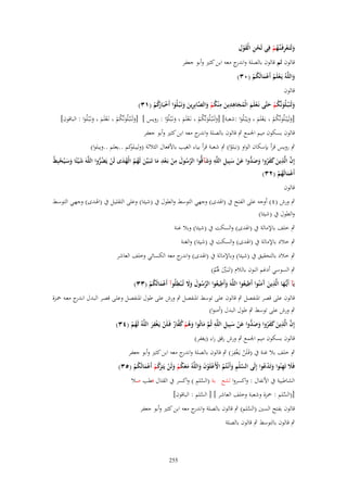 ‫ْ ِ َْ ِ‬
‫ولَتَػعرفَػنَّهم فِي لَحن الْقوؿ‬
‫َ ْ ِ ػُ ْ‬

‫قالوف ثم قالوف بالصلة و ج معو ابن كثَت وأبو جعفر‬
‫اندر‬

‫واللَّوُ يَػعلَم أَعمالَكم (ٖٓ)‬
‫ْ ُ َْ ُ ْ‬
‫َ‬
‫قالوف‬

‫ِِ ِ‬
‫ولَنَْبػلُونَّكم حتَّى نَػعلَم الْمجاىدين م ْنكم والصابِرين ونَػ ْبػلُوا أَخبَ كم (ٖٔ)‬
‫َ َ ُ ْ َ ْ َ ُ َ َ ُ ْ َ َّ ِ َ َ َ ْ ارُ ْ‬
‫َ‬

‫[ولَيَْبػلُونَّكم يػَعلَم ويػَْبػلُوا :شعبة] [ولَنَْبػلُونَّكم نػَعلَم ونػَْبػلُوا : رويس ] [ولَنَْبػلُونَّكم نػَعلَم ونػَْبػلُوا : الباقوف]‬
‫َ َ ُْ ْ َ َ ْ‬
‫َ َ ُْ ْ َ َ َ‬
‫َ َ ُْ ْ َ َ َ‬
‫قالوف بسكوف ميم اجلمع ٍب قالوف بالصلة و ج معو ابن كثَت وأبو جعفر‬
‫اندر‬
‫كم ..يعلم ..ويبلوا)‬
‫ٍب رويس قرأ بإسكاف الواو (نبلوا) ٍب شعبة قرأ بياء الغيب باألفعاؿ الثالثة (وليبلو‬
‫ْ‬
‫َّ َ ِ‬
‫إِف الَّذين كفروا وص ُّوا عن سبِيل اللَّو وشآقُّوا الرسوؿ من بػع ِ‬
‫ْ َ ْ د ما تَػبَػيَّن لَهم الْهدى لَن يَضروا اللَّوَ ش ْيئًا وسػيُحبِط‬
‫َ ََ ْ ُ‬
‫َ َ ُ ُ ُ َ ْ ُ ُّ‬
‫َّ ِ َ َ َ ُ َ َ د َ ْ َ ِ ِ َ َ‬
‫ُ‬
‫أَعمالَهم (ٕٖ)‬
‫َْ ُ ْ‬
‫قالوف‬
‫ٍب ورش (ٗ) أوجو على الفتح ُب (اذلدى) وجهي التوسط والطوؿ ُب (شيئا) وعلى التقليػل ُب (اذلػدى) وجهػي التوسػط‬
‫والطوؿ ُب (شيئا)‬
‫ٍب خلف باإلمالة ُب (اذلدى) والسكت ُب (شيئا) وبال غنة‬
‫ٍب خالد باإلمالة ُب (اذلدى) والسكت ُب (شيئا) والغنة‬
‫ٍب خالد بالتحقيق ُب (شيئا) وباإلمالة ُب (اذلدى) و ج معو الكسائي وخلف العاشر‬
‫اندر‬
‫ٍب السوسي أدغم النوف بالالـ (تَػبَػُت ذلُم)‬
‫َّ َ َ ُ‬
‫َّ َ َ ِ‬
‫ِ‬
‫ِ‬
‫ػ ِ‬
‫يَآ أَيُّها الَّذين َمنُوا أَطيعوا اللَّوَ وأَطيعوا الرسوؿ وَل تُػ ْبطلُوآ أَعمالَكم (ٖٖ)‬
‫َ‬
‫َ ُ‬
‫ُ‬
‫َ آَ‬
‫َْ ُ ْ‬
‫ُ َ‬
‫قالوف على قصر ادلنفصل ٍب قالوف على توسط ادلنفصل ٍب ورش على طوؿ ادلنفصػل وعلػى قصػر البػدؿ ان ج معػو ْحػزة‬
‫ػدر‬
‫ٍب ورش على توسط ٍب طوؿ البدؿ (أمنوا)‬
‫ِ‬
‫ِ‬
‫ِ ِ‬
‫إِف الَّذين كفروا وص ُّوا عن سبِيل اللَّو ثُم ماتُوا وىم كفار فَػلَن يَػغفر اللَّوُ لَهم (ٖٗ)‬
‫َّ َ َ َ ُ َ َ د َ ْ َ‬
‫ُْ‬
‫َّ َ َ ُ ْ ُ َّ ٌ ْ ْ َ‬
‫قالوف بسكوف ميم اجلمع ٍب ورش رقق راء (يغفر)‬
‫ِ‬
‫ٍب خلف بال غنة ُب (فَػلَن يػَغفر) ٍب قالوف بالصلة و ج معو ابن كثَت وأبو جعفر‬
‫اندر‬
‫ْ َْ‬
‫فََل تَهنُوا وتَدعوا إِلَى السلْم وأَنْػتُم اْلَعلَوف واللَّوُ معكم ولَن يَتِ َكم أَعمالَكم (ٖ٘)‬
‫َ ِ َ ُْ‬
‫َّ ِ َ ُ ْ ْ ْ َ َ َ َ ُ ْ َ ْ رُ ْ ْ َ ُ ْ‬
‫َّ ِ‬
‫الشاطبية ُب األنفاؿ : واكسروا لشع بة (السلم ) واكسر ُب القتاؿ فطب صال‬

‫[(السلم : ْحزة وشعبة وخلف العاشر ] [ السلم : الباقوف]‬
‫َّ‬
‫ّْ‬
‫قالوف بفتح السُت (السلم) ٍب قالوف بالصلة و ج معو ابن كثَت وأبو جعفر‬
‫اندر‬
‫َّ‬
‫ٍب قالوف بالتوسط ٍب قالوف بالصلة‬

‫552‬

 
