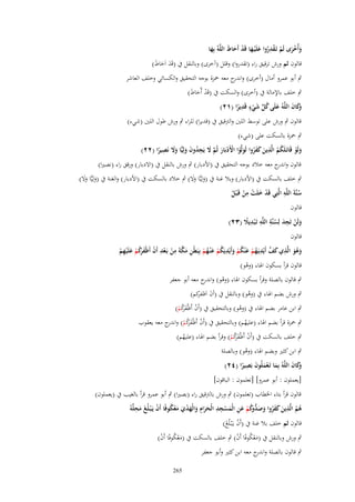 ‫وأُخرى لَم تَػقدروا علَْيػها قَد أَحاط اللَّوُ بِها‬
‫َ َْ ْ ْ ُِ َ َ ْ َ َ‬
‫َ‬

‫قالوف ثم ورش ترقيق راء (تقدروا) وقلل (آخرى) وبالنقل ُب (قَد اَحاط)‬
‫َ َ َ‬

‫ٍب أبو عمرو أماؿ (أخرى) و ج معو ْحزة بوجو التحقيق والكسائي وخلف العاشر‬
‫اندر‬

‫ٍب خلف باإلمالة ُب (أخرى) والسكت ُب (قَد أّحاط)‬
‫ْ َ َ‬
‫َ ُ ّْ َ ٍ ِ‬
‫َكاف اللَّوُ علَى كل شيء قَديرا (ٕٔ)‬
‫وَ َ‬
‫ً‬
‫ْ‬
‫قالوف ٍب ورش على توسط اللُت والًتقيق ُب (قديرا) للراء ٍب ورش طوؿ اللُت (شيء)‬
‫ٍب ْحزة بالسكت على (شيء)‬
‫ِ‬
‫َ ِ‬
‫ِ‬
‫ولَو قَاتَػلَكم الَّذين كفروا لَولَّوا اْلَدبَار ثُم َل يَجدوف ولِيِّا وَل نَصيرا (ٕٕ)‬
‫َْ‬
‫ُ ُ َ َ َ ُ َ ُ ْ ْ َ َّ َ ُ َ َ َ‬
‫ً‬
‫قالوف و ج معو خالد بوجو التحقيق ُب (األدبار) ٍب ورش بالنقل ُب (االدبار) ورقق راء (نصَتا)‬
‫اندر‬
‫ٍب خلف بالسكت ُب (األدبار) وبال غنة ُب (ولِيِّا وال) ٍب خالد بالسكت ُب (األدبار) والغنة ُب (ولِيِّا وال)‬
‫َ ََ‬
‫َ ََ‬
‫ِ‬
‫ِ‬
‫سنَّةَ اللَّو الَّتِي قَد خلَت من قَػ ْبل‬
‫ُ‬
‫ْ َ ْ ْ ُ‬
‫قالوف‬

‫ولَن تَجد لِسنَّة اللَّو تَػ ْبديَل (ٖٕ)‬
‫َ ْ َِ ُِ ِ ًِ‬
‫قالوف‬

‫ِ ِ‬
‫ِ‬
‫ِ َ َّ ِ‬
‫وىو الَّذي كف أَيْديَػهم ع ْنكم وأَيْديَكم ع ْنػهم بِبَطْن مكةَ من بَػعد أَف أَظْف َكم علَْيهم‬
‫ُ ْ َ ُ ْ َ ُ ْ َ ُ ْ ِ َ َّ ْ ْ ْ َ رُ ْ َ ِ ْ‬
‫َ َُ‬
‫قالوف قرأ بسكوف اذلاء (وىو)‬
‫ْ‬
‫ٍب قالوف بالصلة وقرأ بسكوف اذلاء (وىو) و ج معو أبو جعفر‬
‫ْ اندر‬

‫ٍب ورش بضم اذلاء ُب (وىو) وبالنقل ُب (أف اَ كم)‬
‫َ ظفر‬
‫ُ‬

‫ٍب ابن عامر بضم اذلاء ُب (وىو) وبالتحقيق ُب (أَف أَظْفكم)‬
‫ُ‬
‫ْ َ رُ ْ‬
‫َ‬

‫ٍب ْحزة قرأ بضم اذلاء (عليهم) وبالتحقيق ُب (أَف أَظْفكم) و ج معو يعقوب‬
‫ْ َ رُ ْ اندر‬
‫ُ‬
‫َ‬
‫ٍب خلف بالسكت ُب (أَف أَظْفكم) وقرأ بضم اذلاء (عليهم)‬
‫ُ‬
‫ْ َ رُ ْ‬
‫َ‬

‫ٍب ابن كثَت وبضم اذلاء (وىو) وبالصلة‬
‫ُ‬
‫ِ‬
‫َكاف اللَّوُ بِما تَػعملُوف بَصيرا (ٕٗ)‬
‫وَ َ‬
‫َ َْ َ ً‬
‫[يعملوف : أبو عمرو] [تعلموف : الباقوف]‬

‫قالوف قرأ بتاء اخلطاب (تعلموف) ٍب ورش بالًتقيق راء (بصَتا) ٍب أبو عمرو قرأ بالغيب ُب (يعملوف)‬
‫ِ‬
‫ِ‬
‫ُ ْ َ ِ‬
‫ىم الَّذين كفروا وصد كم عن الْمسجد الْحراـ والْهدي معكوفًا أَف يَػ ْبػلُغ محلَّوُ‬
‫ُ ُ َ َ َ ُ َ َ ُّوُ ْ َ ِ َ ْ ِ َ َ ِ َ َ ْ َ َ ْ‬
‫َ‬
‫قالوف ثم خلف بال غنة ُب (أَف يػَْبػلُغ)‬
‫ْ َ‬

‫ٍب ورش وبالنقل ُب (معكوفًا أَف) ٍب خلف بالسكت ُب (معكوفًا أَف)‬
‫َْ ُ ْ‬
‫َْ ُ ْ‬
‫ٍب قالوف بالصلة و ج معو ابن كثَت وأبو جعفر‬
‫اندر‬

‫562‬

 